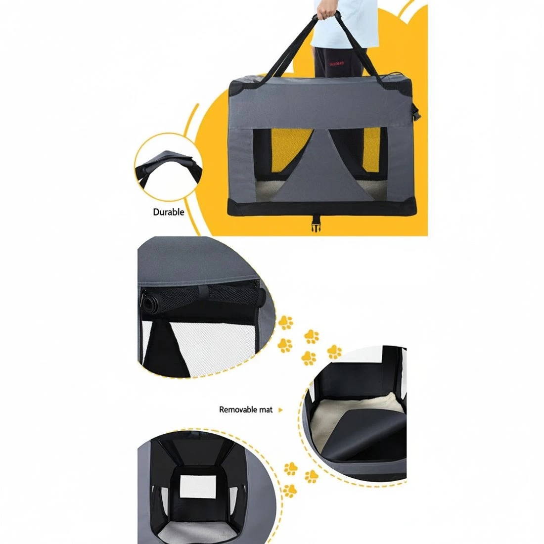 4 i.Pet Pet Carrier Soft Crate Dog Cat Travel 60x42CM Portable Foldable Car M - Grey, 4 of 6