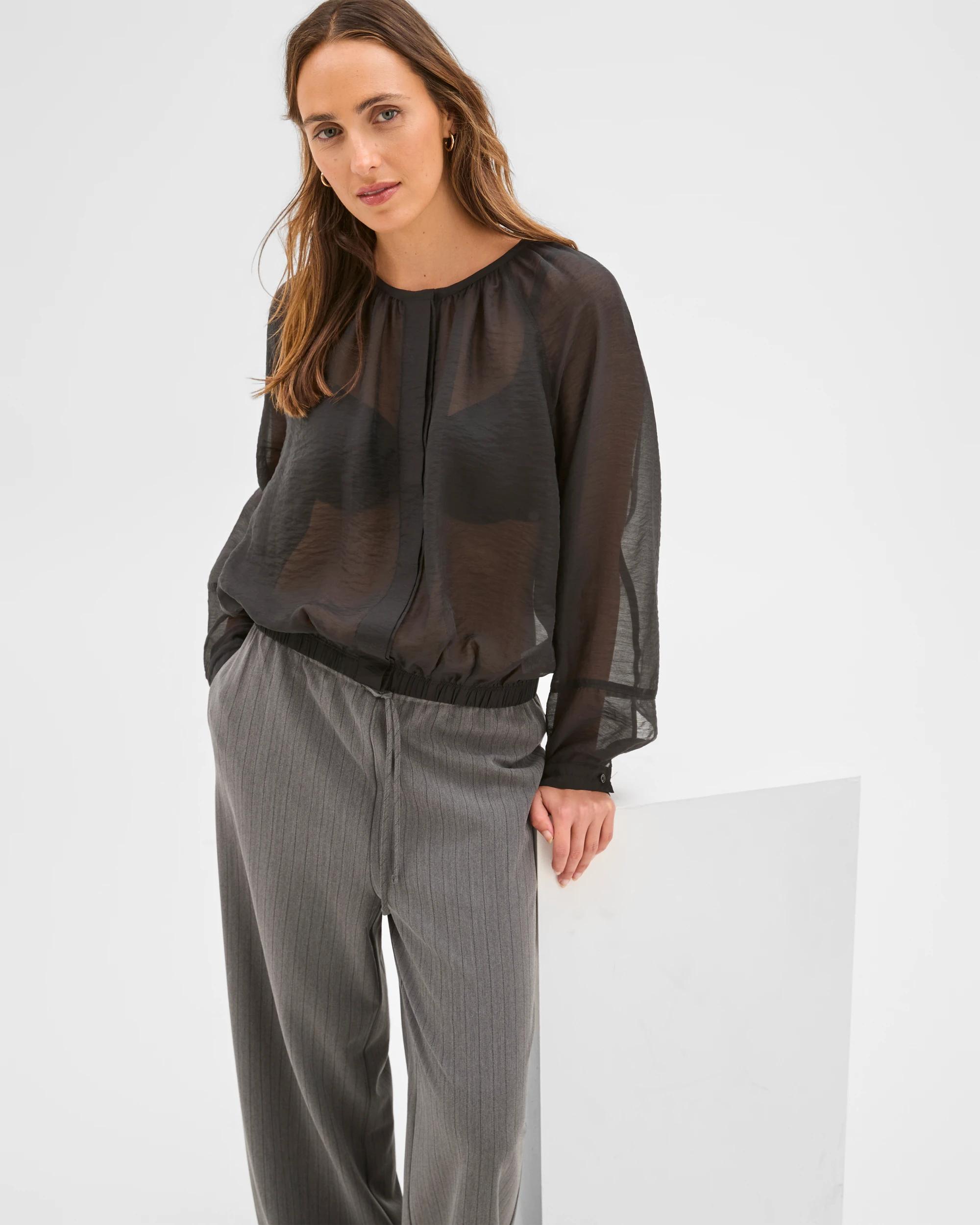 6 Preview Long Raglan Sleeve Gathered Blouse BLACK, 6 of 6