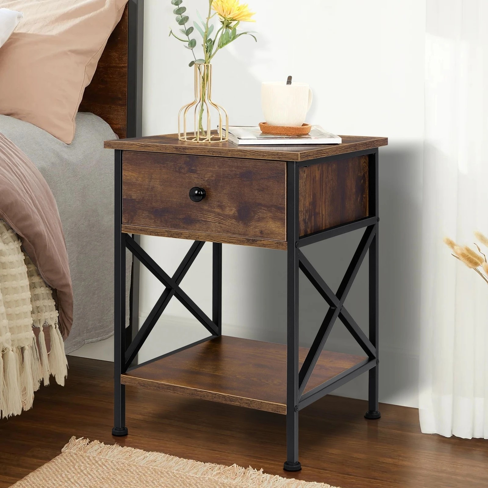 2 Alfordson 2x Bedside Table Retro Nightstand 1 Drawer - Dark Oak, 2 of 10