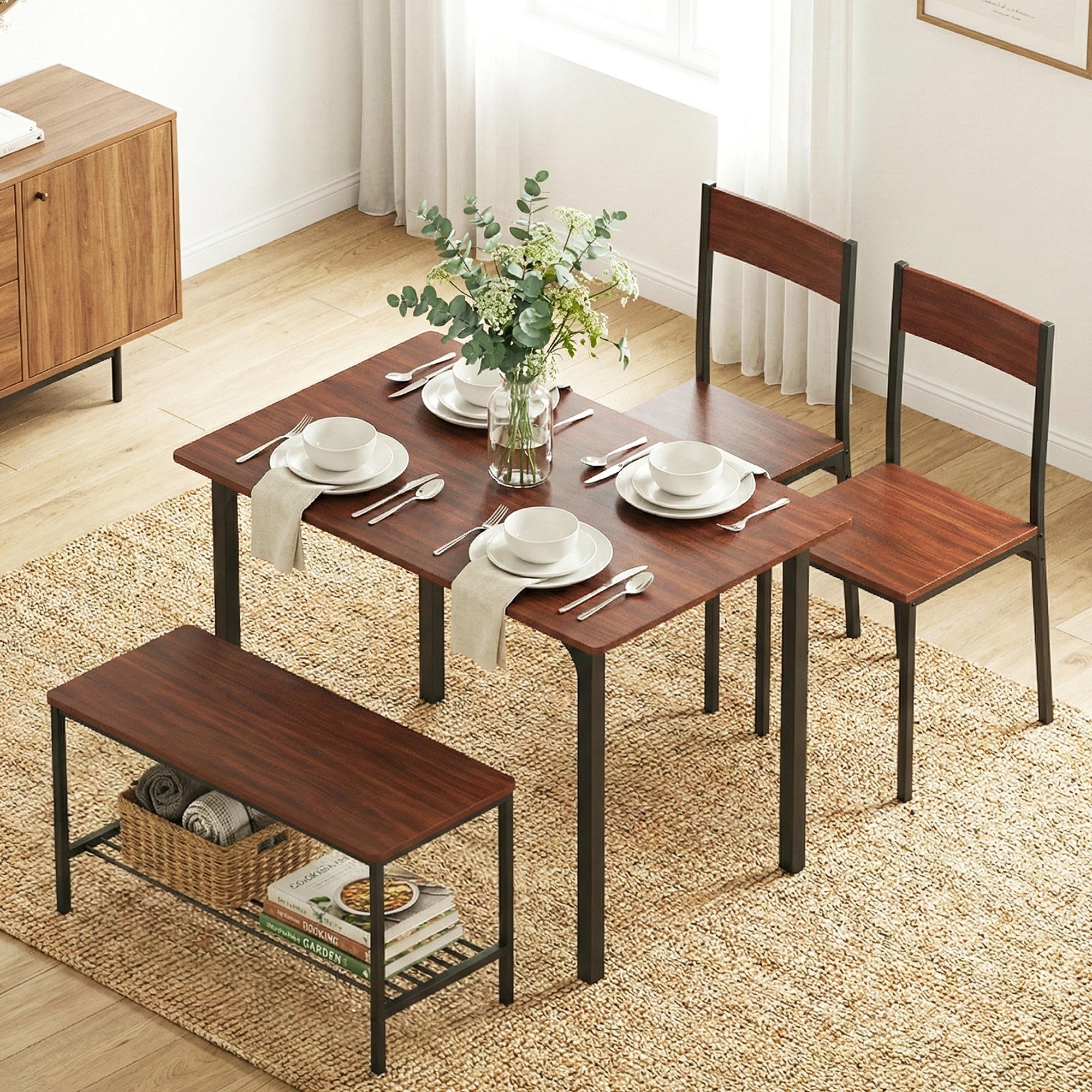 6 Artiss Dining Table and Chairs Set of 4 Storage Bench Kitchen Furniture - Brown, 6 of 6