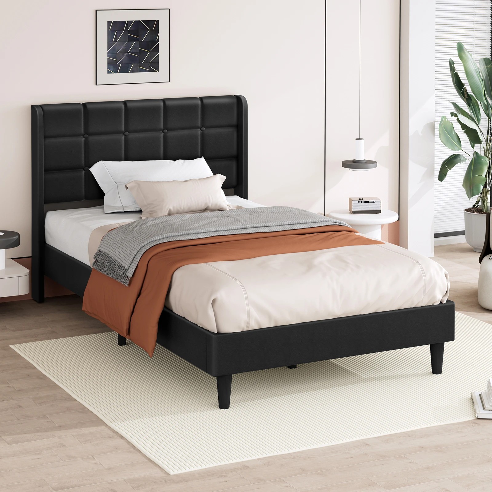 9 Alfordson Bed Frame Single Size Upholstered Wingback Base Leather Sarah - Black, 9 of 10