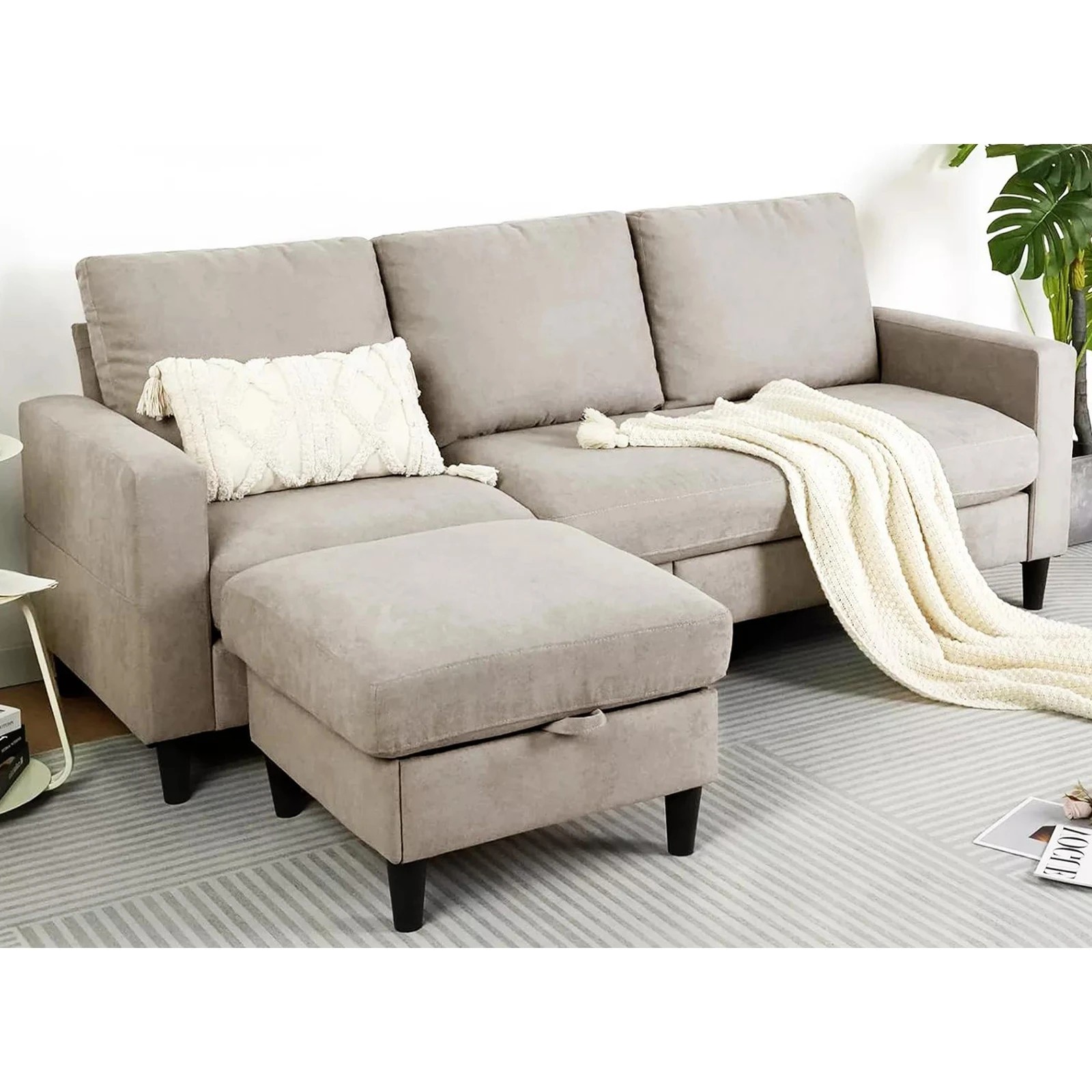 4 Advwin 3 Seater Sofa Modular Lounge Chaise Set With Storage Ottoman Beige, 4 of 10