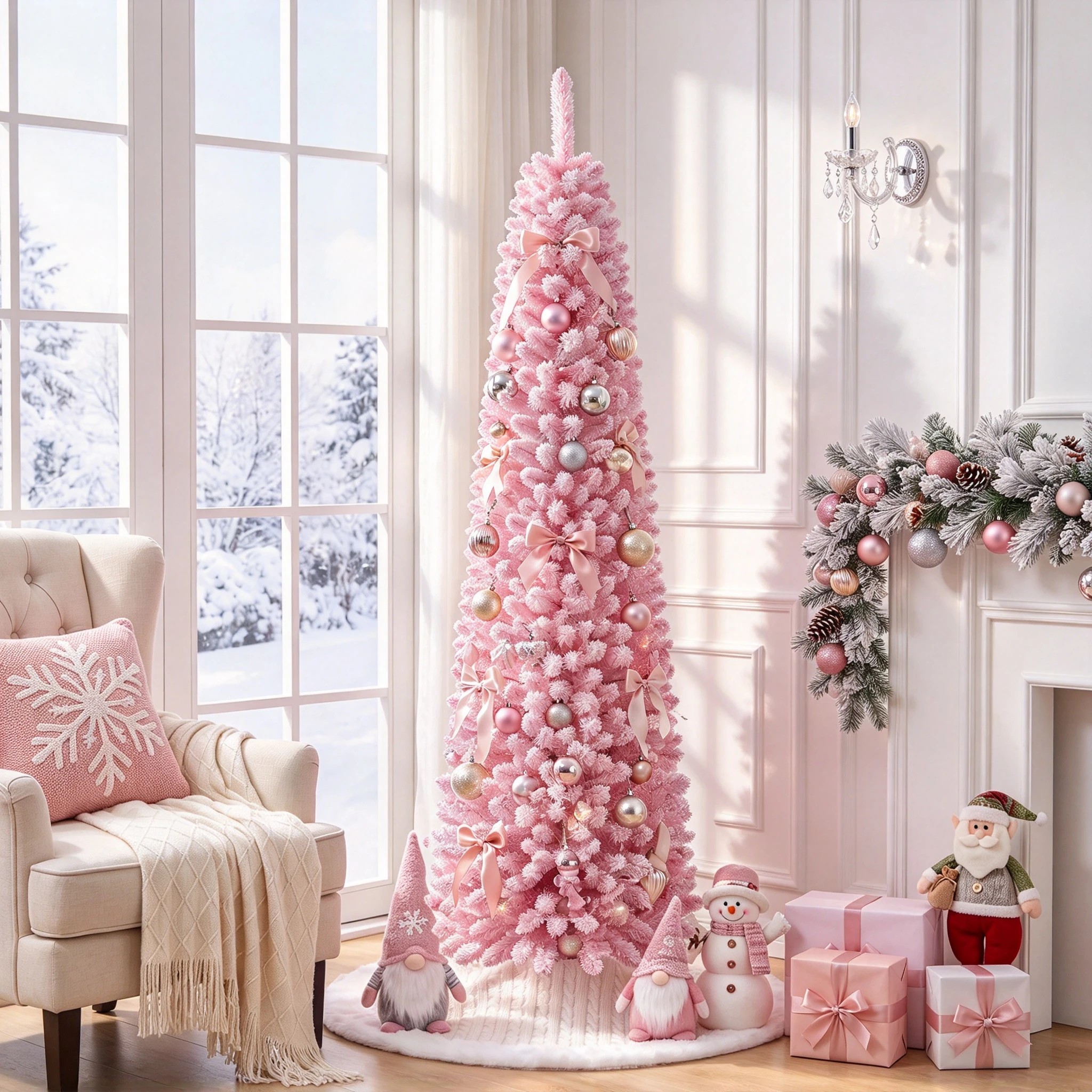 7 Costway 1.8M Pink Flocked Christmas Tree Artificial Pre-Lit Xmas Tree 8 Modes - Pink, 7 of 10
