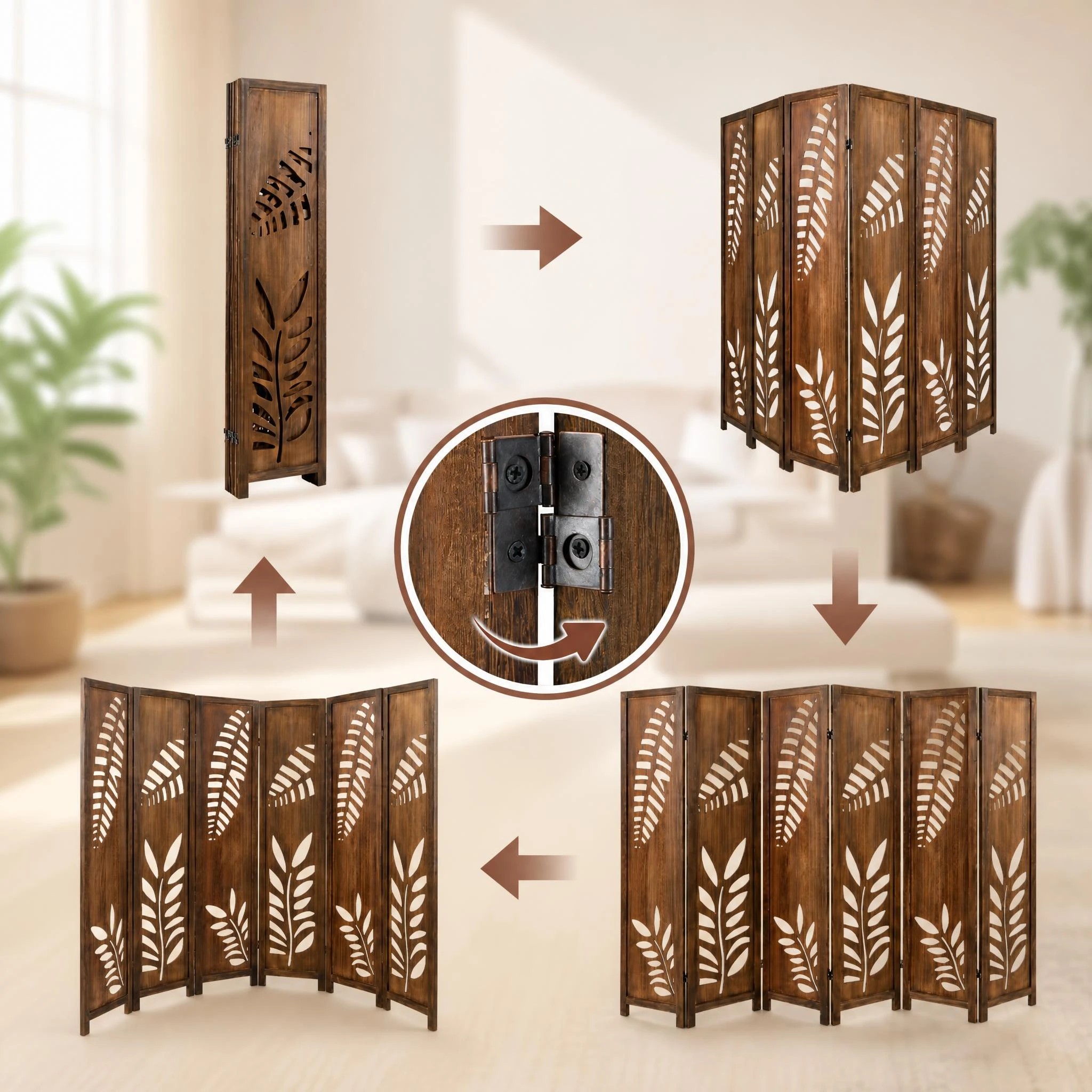 5 Costway 4-Panel Partition Room Divider w/Carved Leaf Pattern Folding Screen Privacy Stand, 5 of 6