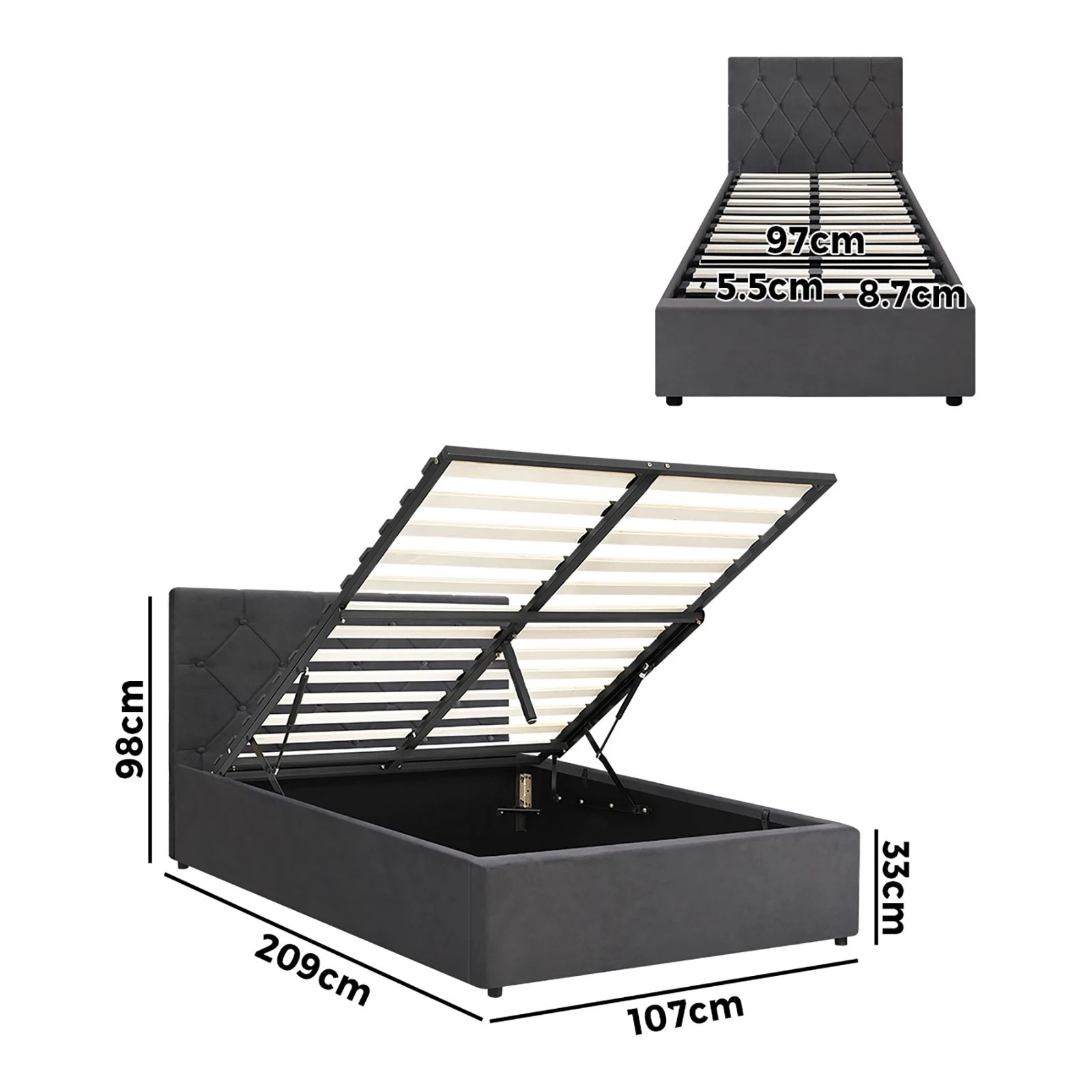 2 Oikiture Bed Frame King Single Gas Lift Storage Base Velvet COTI - Grey, 2 of 10