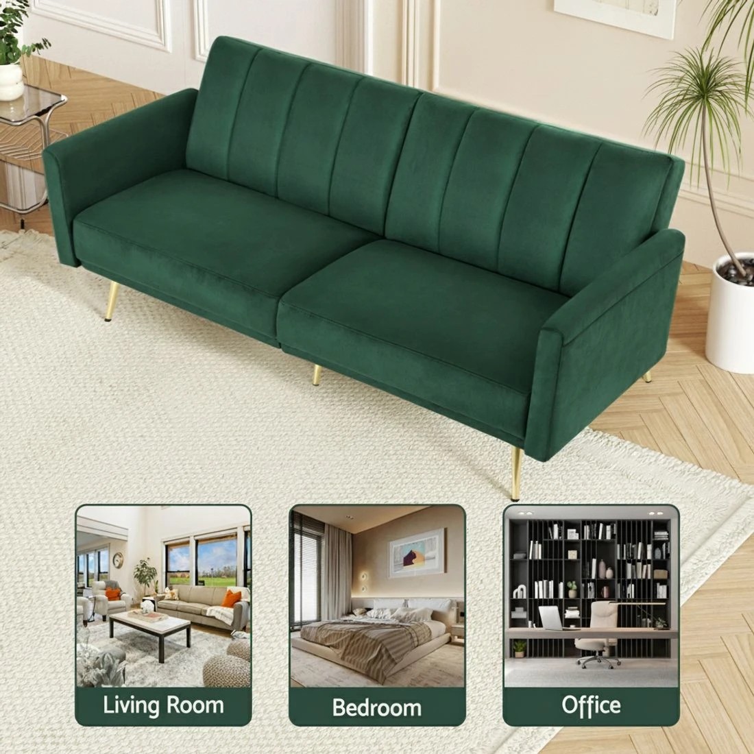 7 Artiss Sofa Bed 3 Seater Couch Convertible Lounge Adjustable Arm Recliner Velvet - Green, 7 of 7