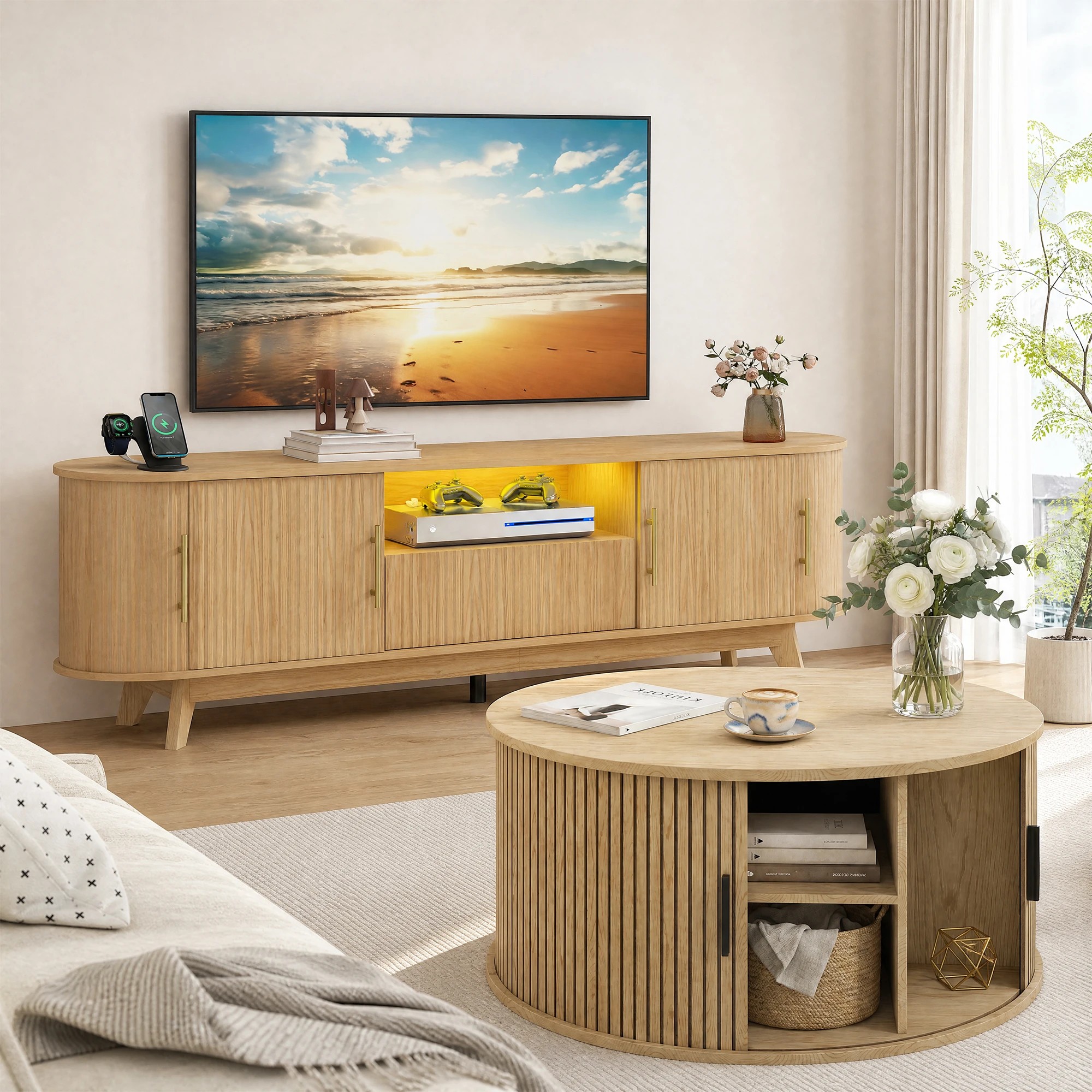 7 Advwin 160cm TV Unit Cabinet with Power Outlet and LED Light Entertainment Center TV Stand with Sliding Door - Natural, 7 of 10