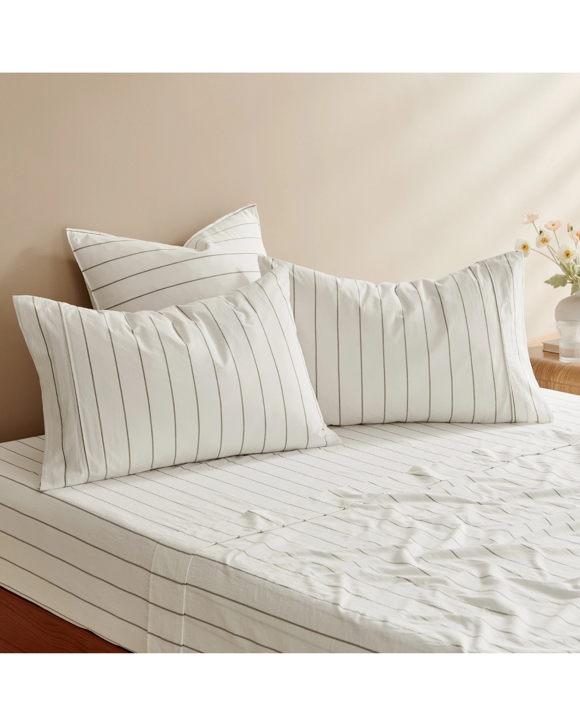 4 Dreamaker Rumi Stripe Washed Cotton Standard Pillowcase Twin Pack - White with Olive, 4 of 4