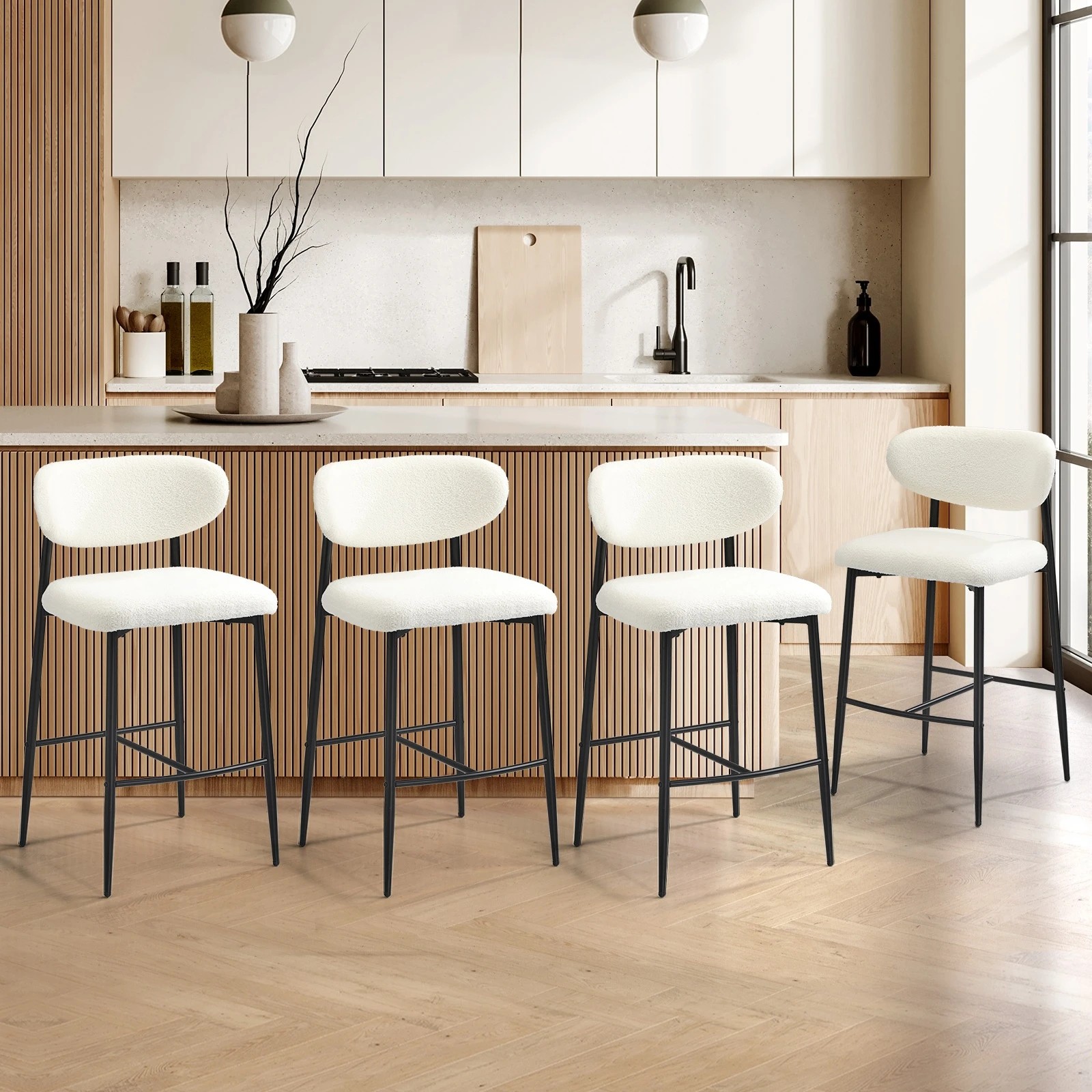 2 Oikiture 4x Bar Stools Kitchen Stool Counter Chair Boucle Fabric
 - Black, 2 of 7