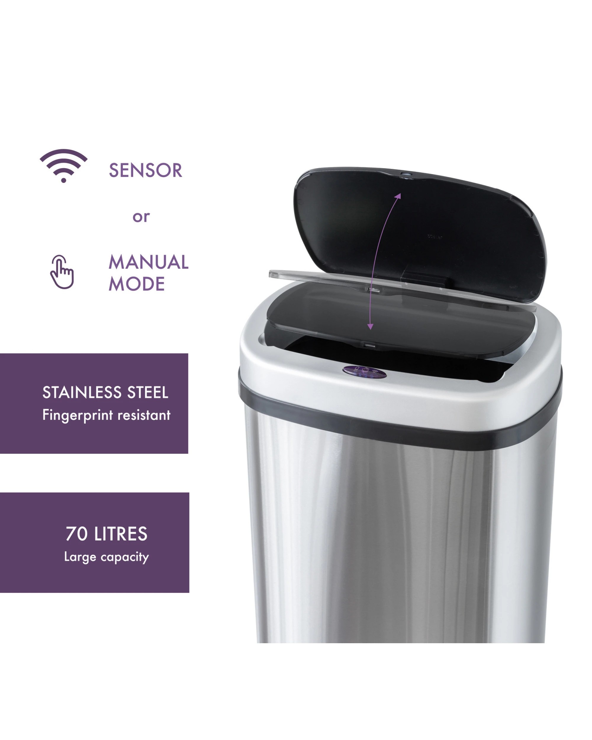 5 Lenoxx 70L Stainless Steel Motion Sensor Rubbish Bin, 5 of 6