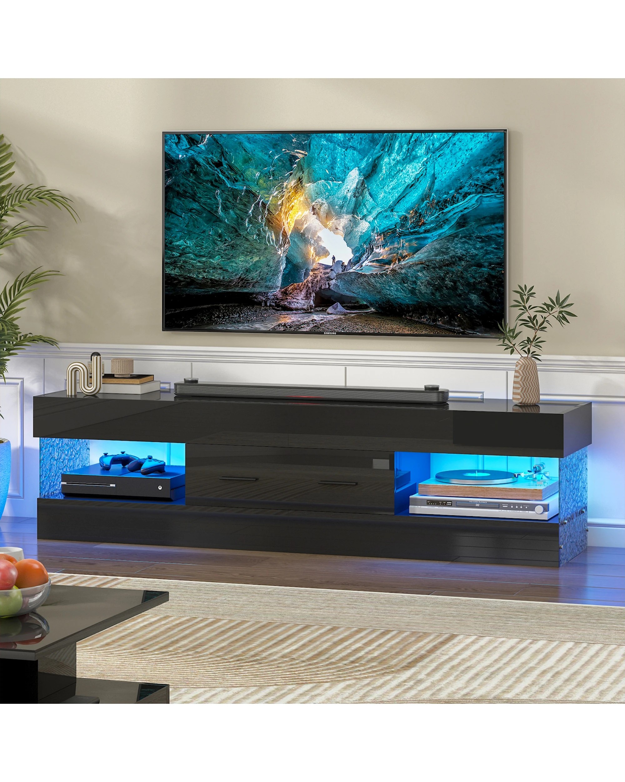 2 Advwin 152cm TV Cabinet LED Entertainment Unit Stand w/ Water Corrugated Side Panels & Drawer, 2 of 8