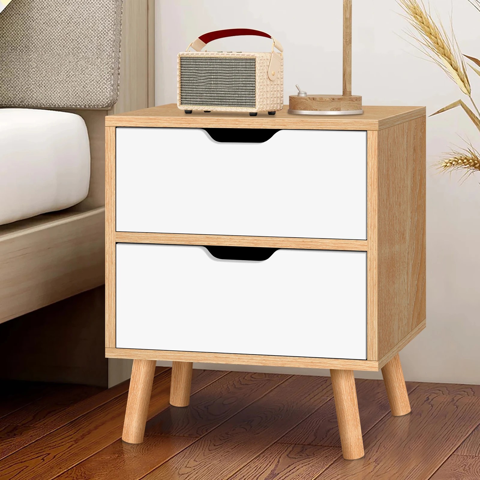 2 Alfordson 2x Bedside Table Nightstand Side Table 2 Drawers - Oak, 2 of 10