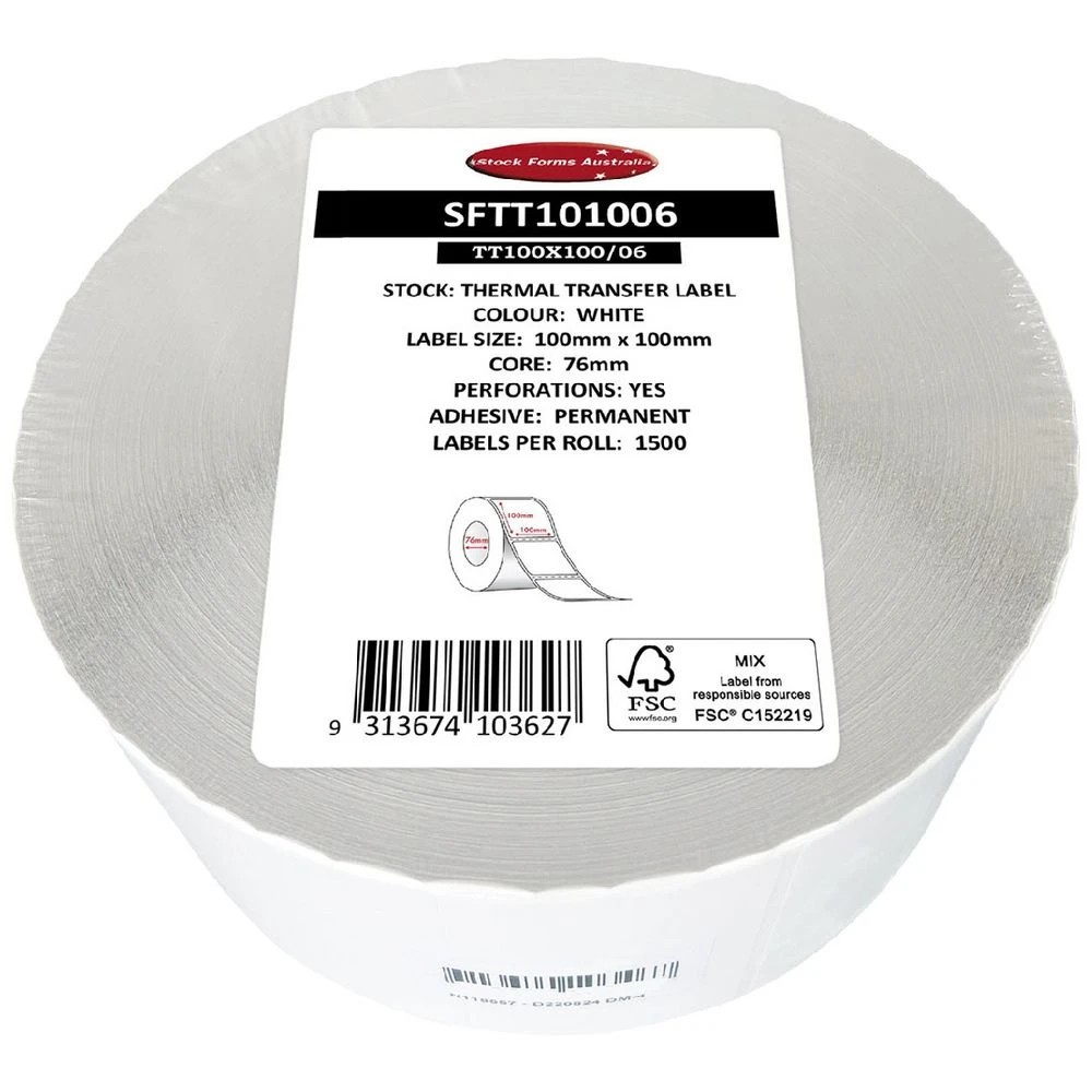 1 Stock Form Thermal Transfer Labels 100 x 100mm 1500 Pack, 1 of 2