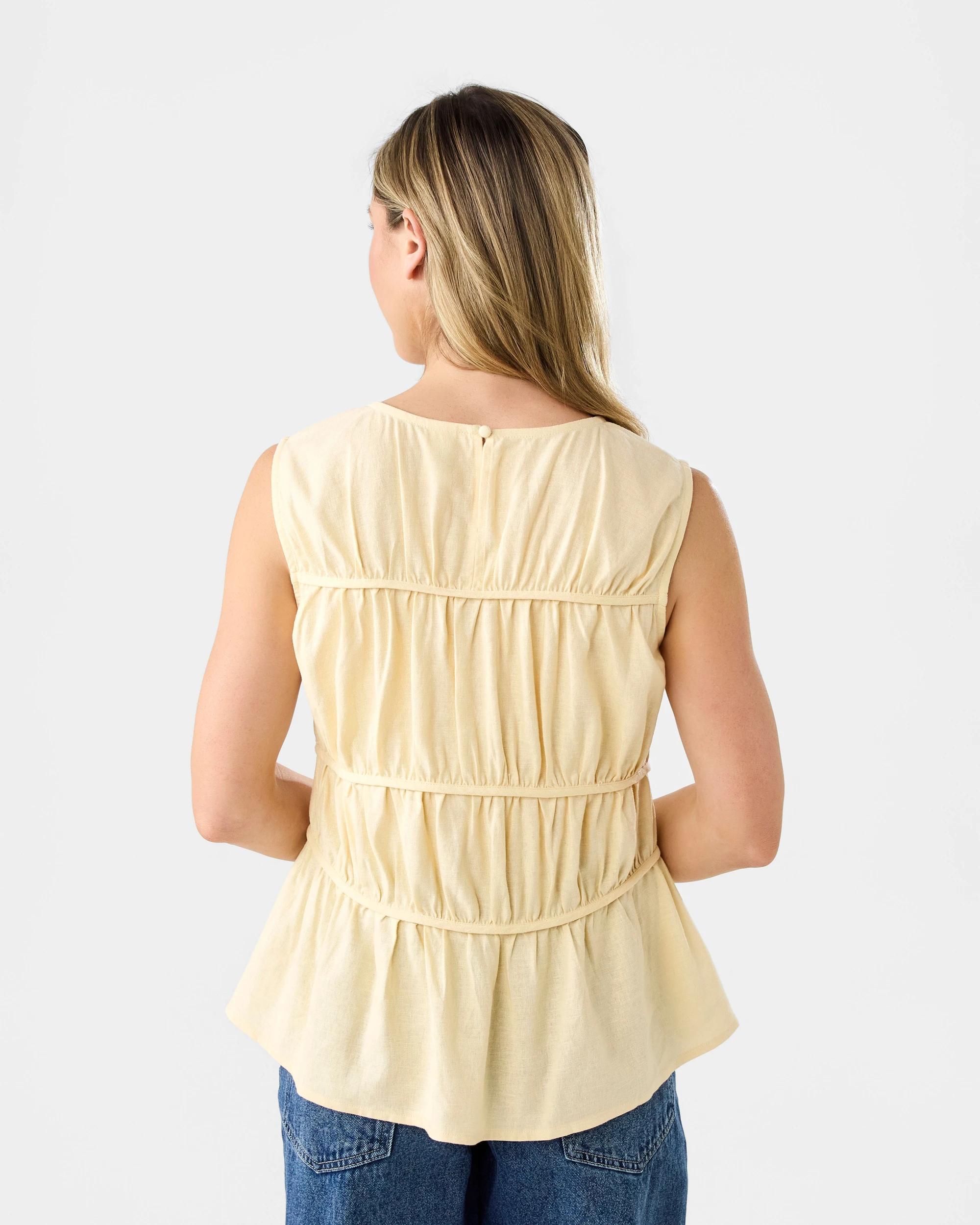 3 Sleeveless Linen Blend Ruched Top Vanilla, 3 of 6