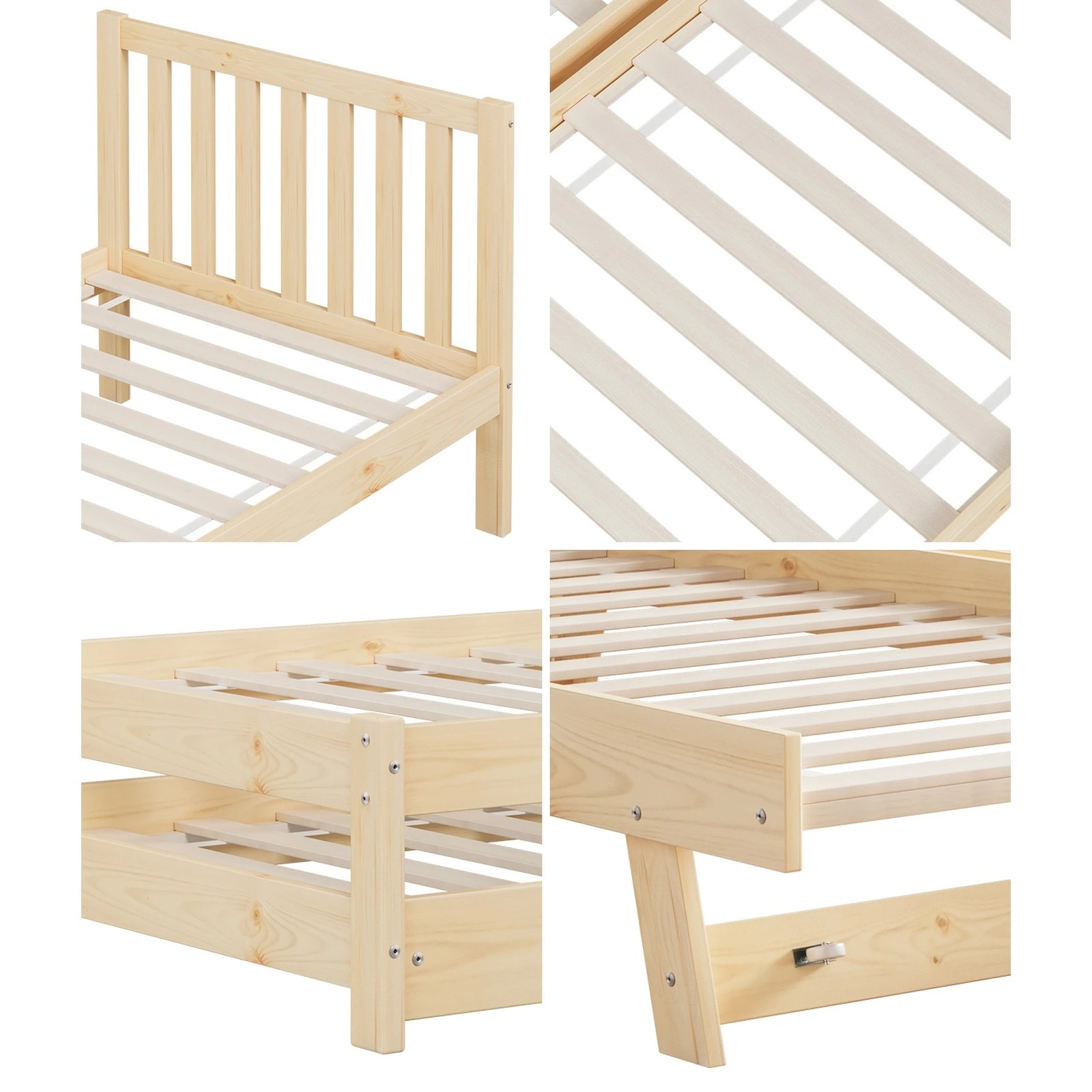 6 Oikiture Trundle Kids Bed Frame Single Wood - Natural, 6 of 10