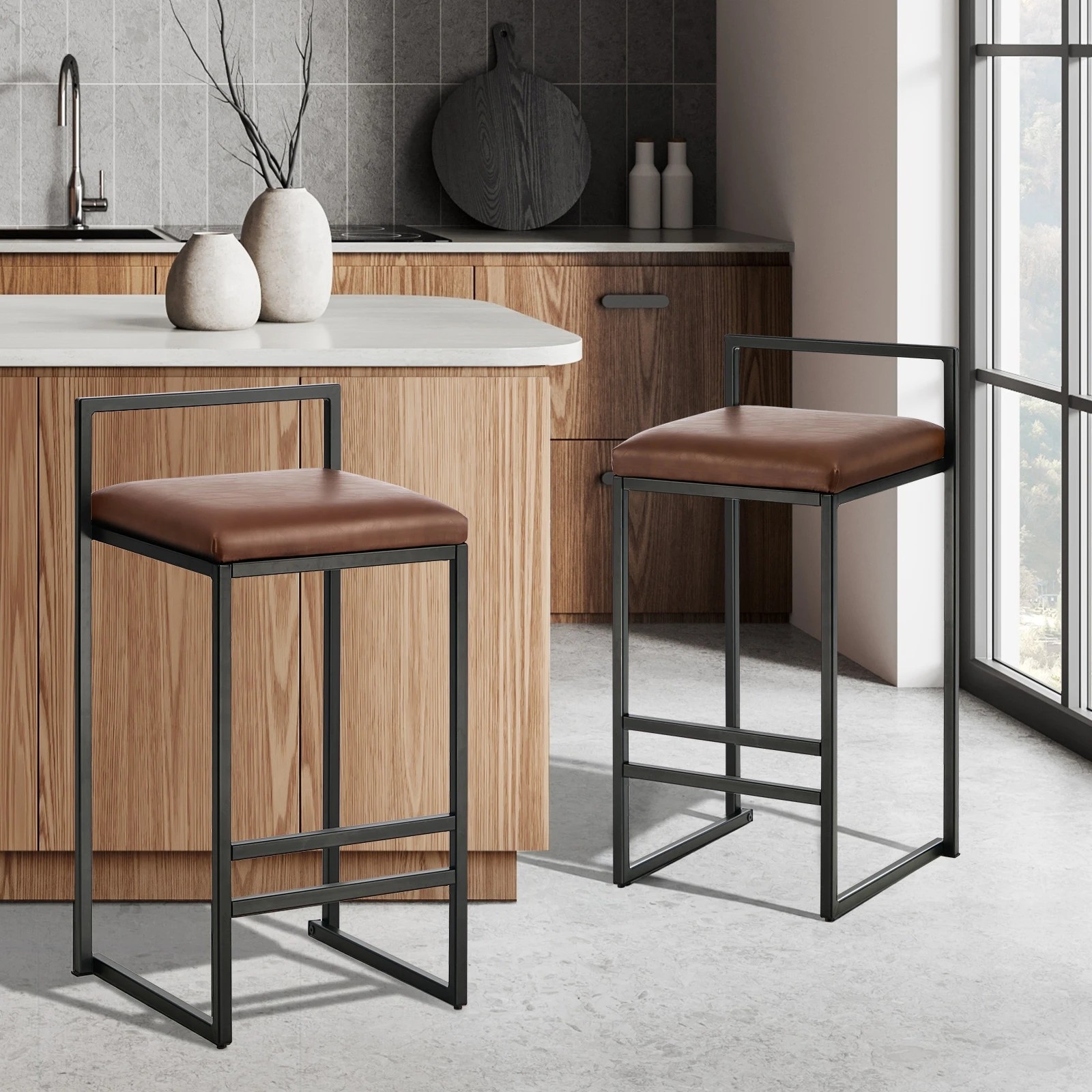 3 Oikiture 2x Bar Stools Kitchen Dining Stool Counter High Chair Leather - Brown, 3 of 10