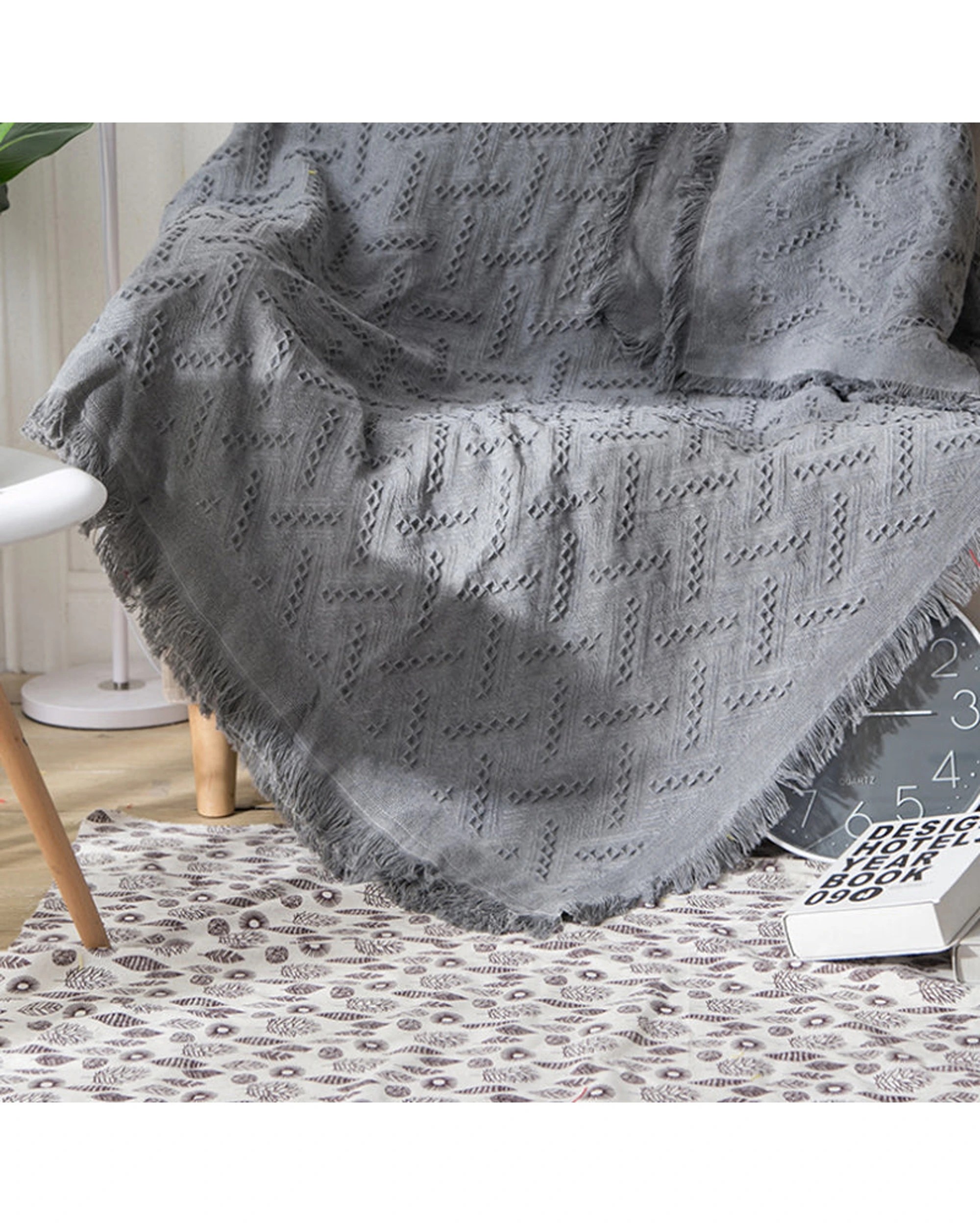 4 Cotton More Slub Knitted Blanket T Pattern 180x230cm - Grey, 4 of 6