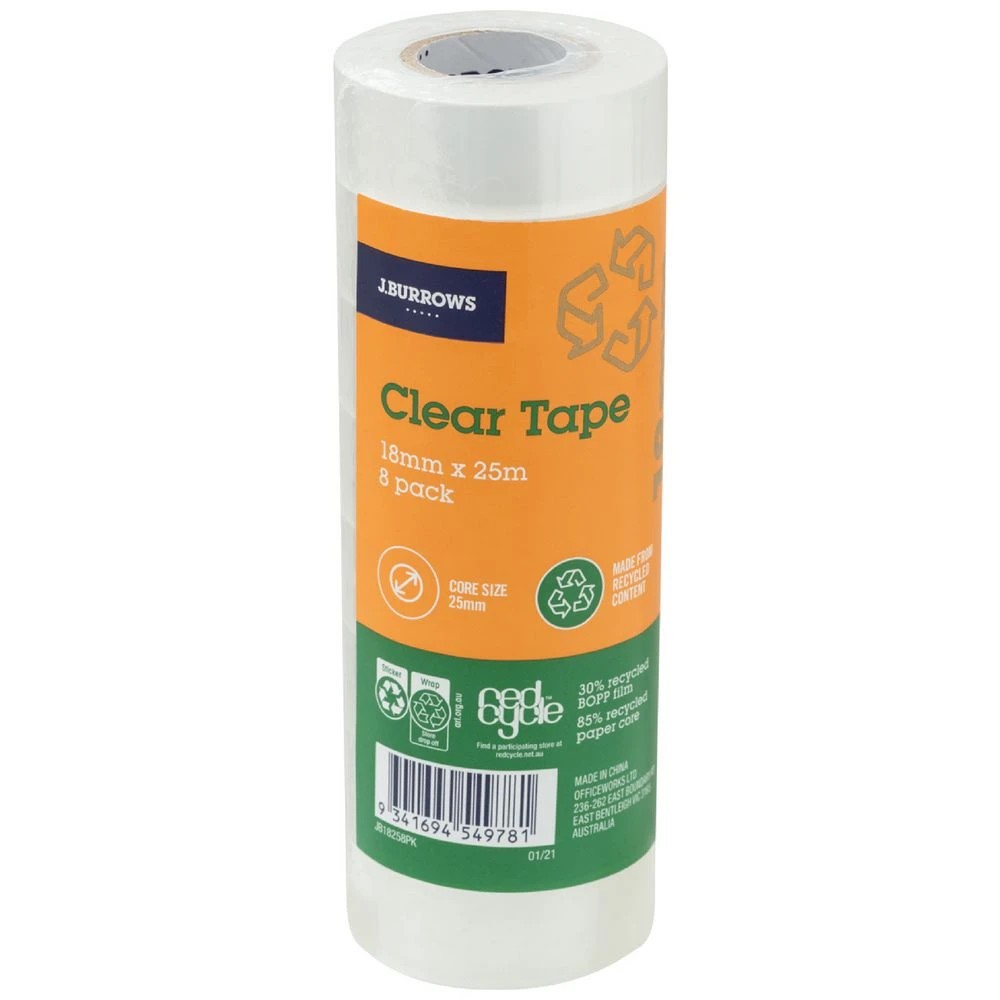 1 J.Burrows Clear Tape Roll 18mmX25m 8 Pack, 1 of 2