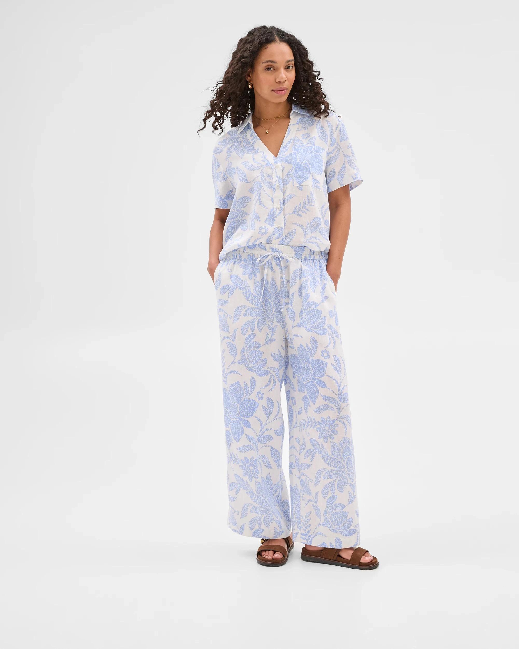 1 Target European Linen Wide Leg Pants BLUE/WHITE PRINT, 1 of 6