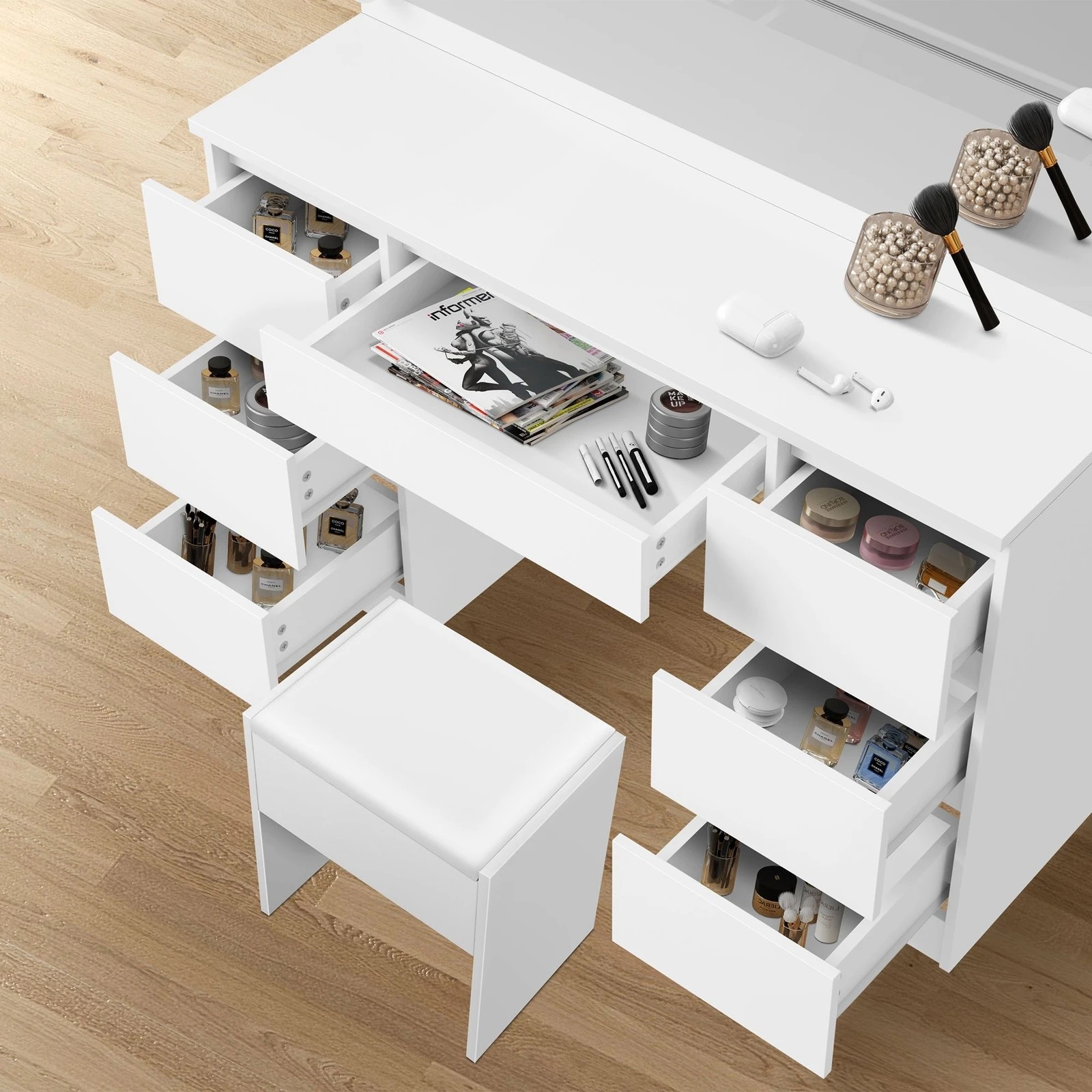 7 Alfordson Dressing Table Stool Set Makeup Mirror Desk LED 12 Bulbs - White, 7 of 10