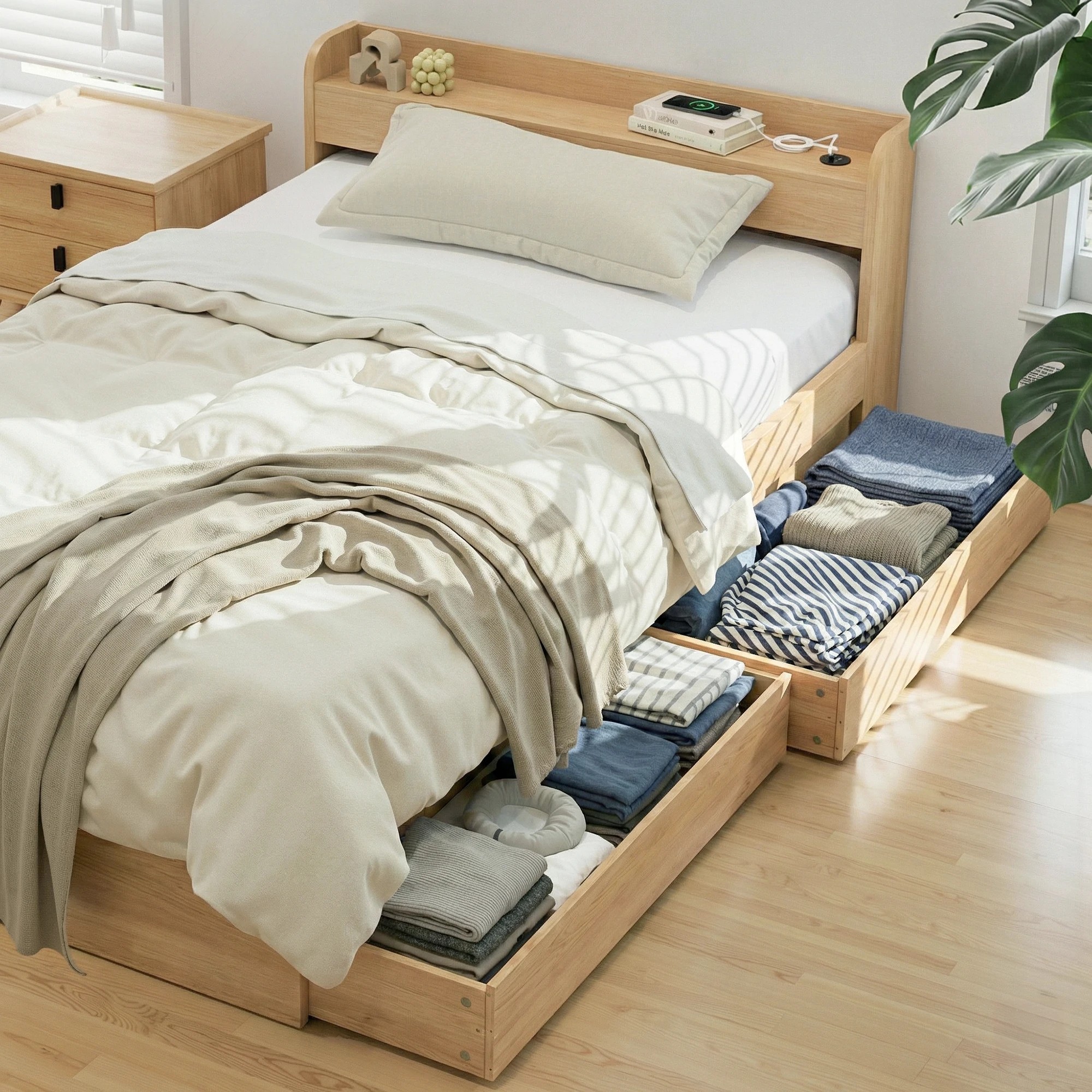 7 Artiss Single Bed Frame with 2 Storage Drawers Platform Bed Base with USB Ports Sturdy Wooden Slat - Black, 7 of 10