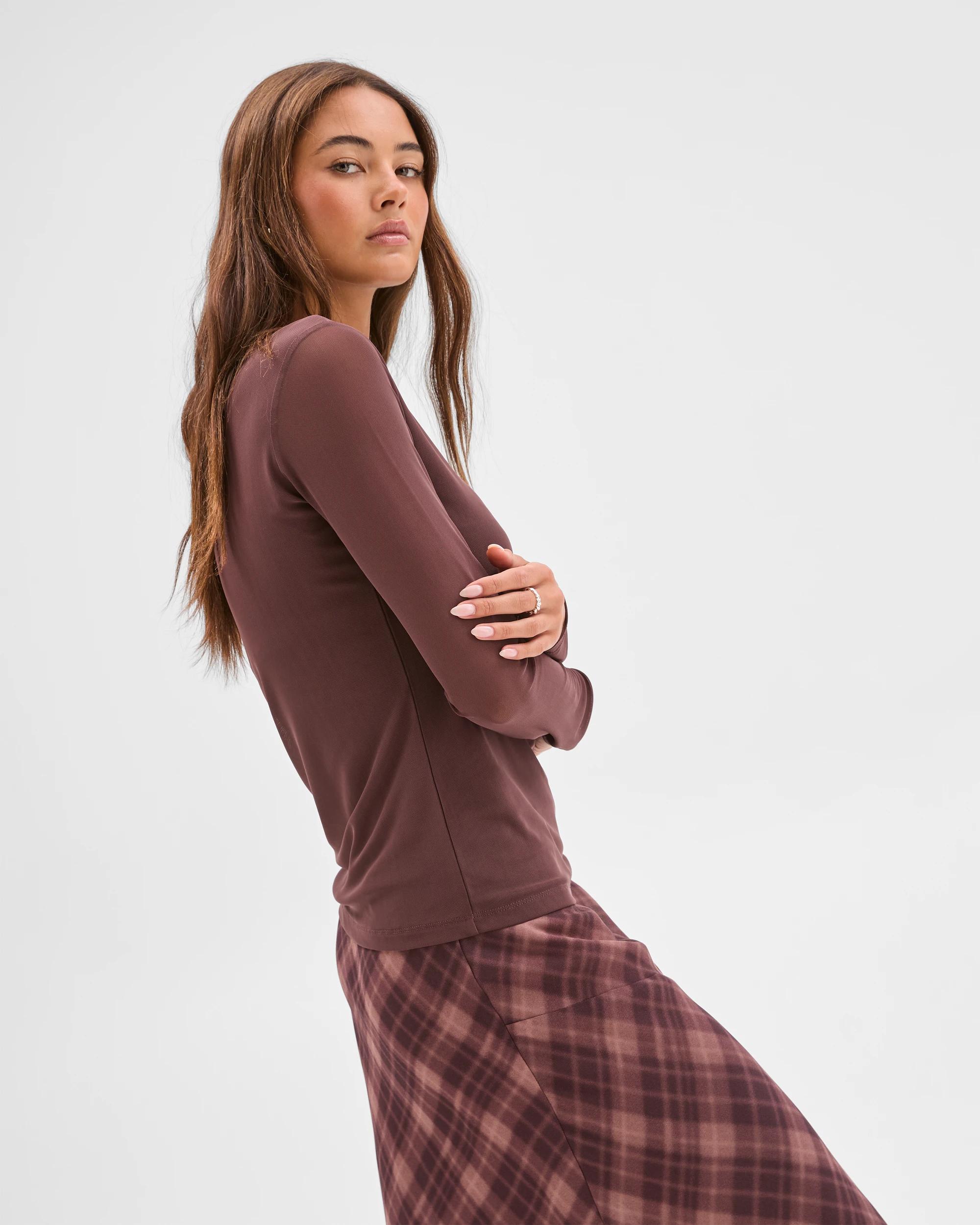 4 Lily Loves High Neck Long Sleeve Mesh Top FUDGE, 4 of 6