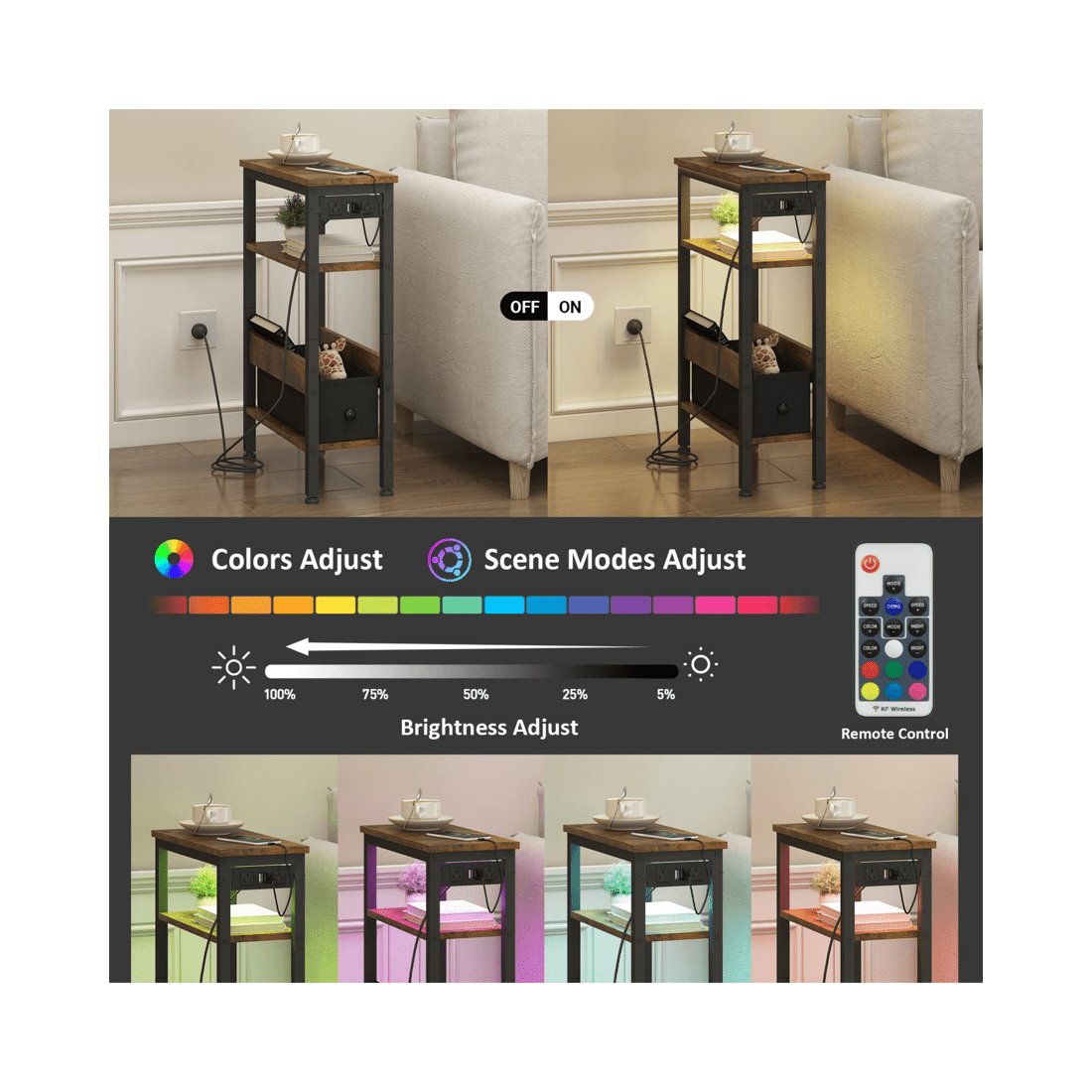 5 Advwin Led Side Table W/ Charging Station Narrow Bedside Table W/ Open Drawer & Open Shelf Walnut, 5 of 8