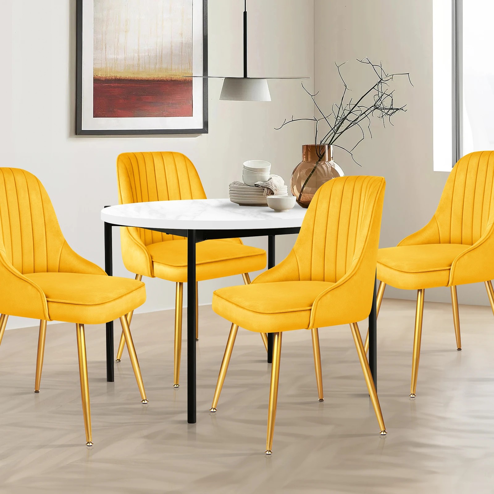 3 Alfordson 4x Dining Chairs Kitchen Accent Lounge Padded Tufted Seat Velvet - Yellow, 3 of 8