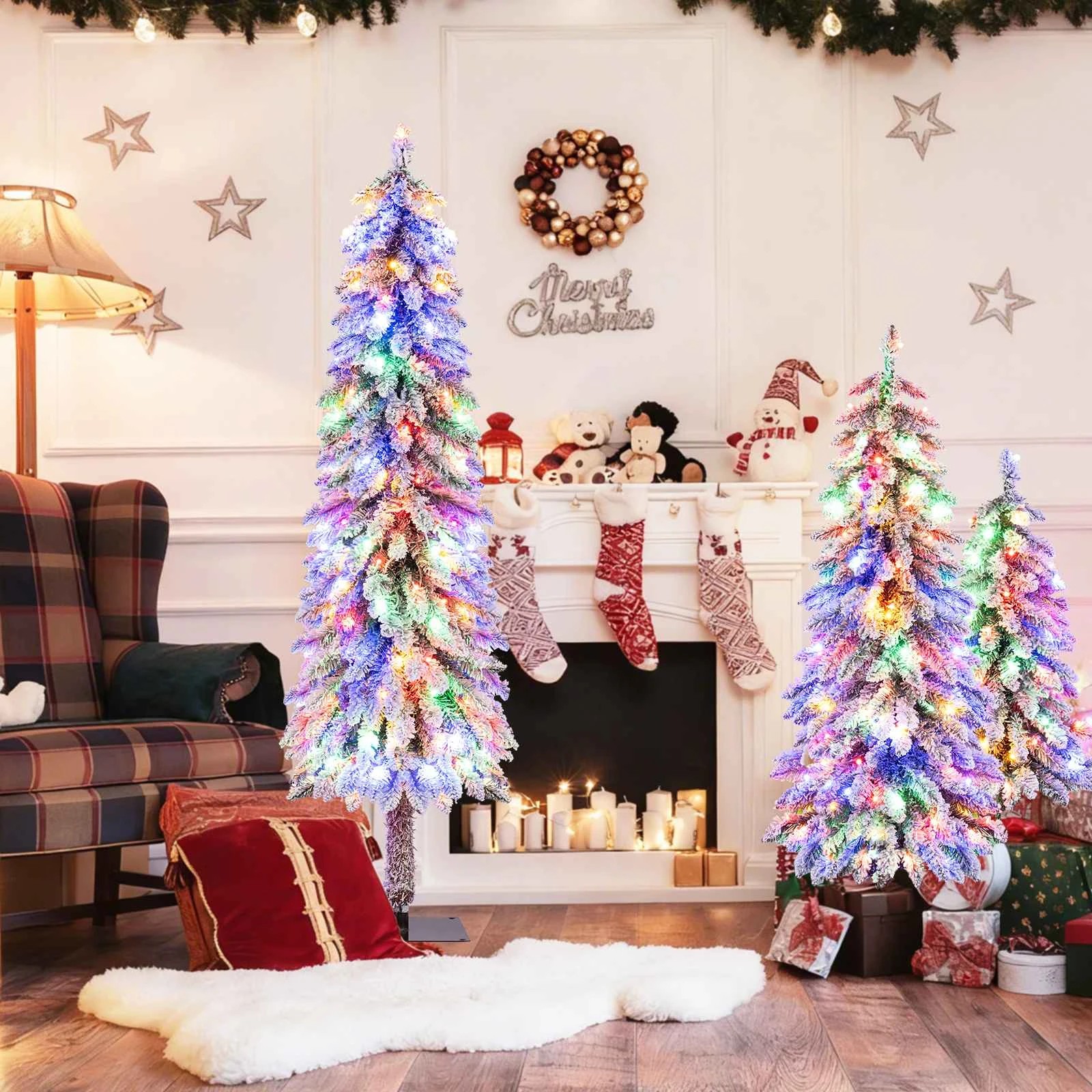 2 Costway 3PCS Christmas Tree Set w/Snow-flocked Branch Tips LED Lights, 2 of 2