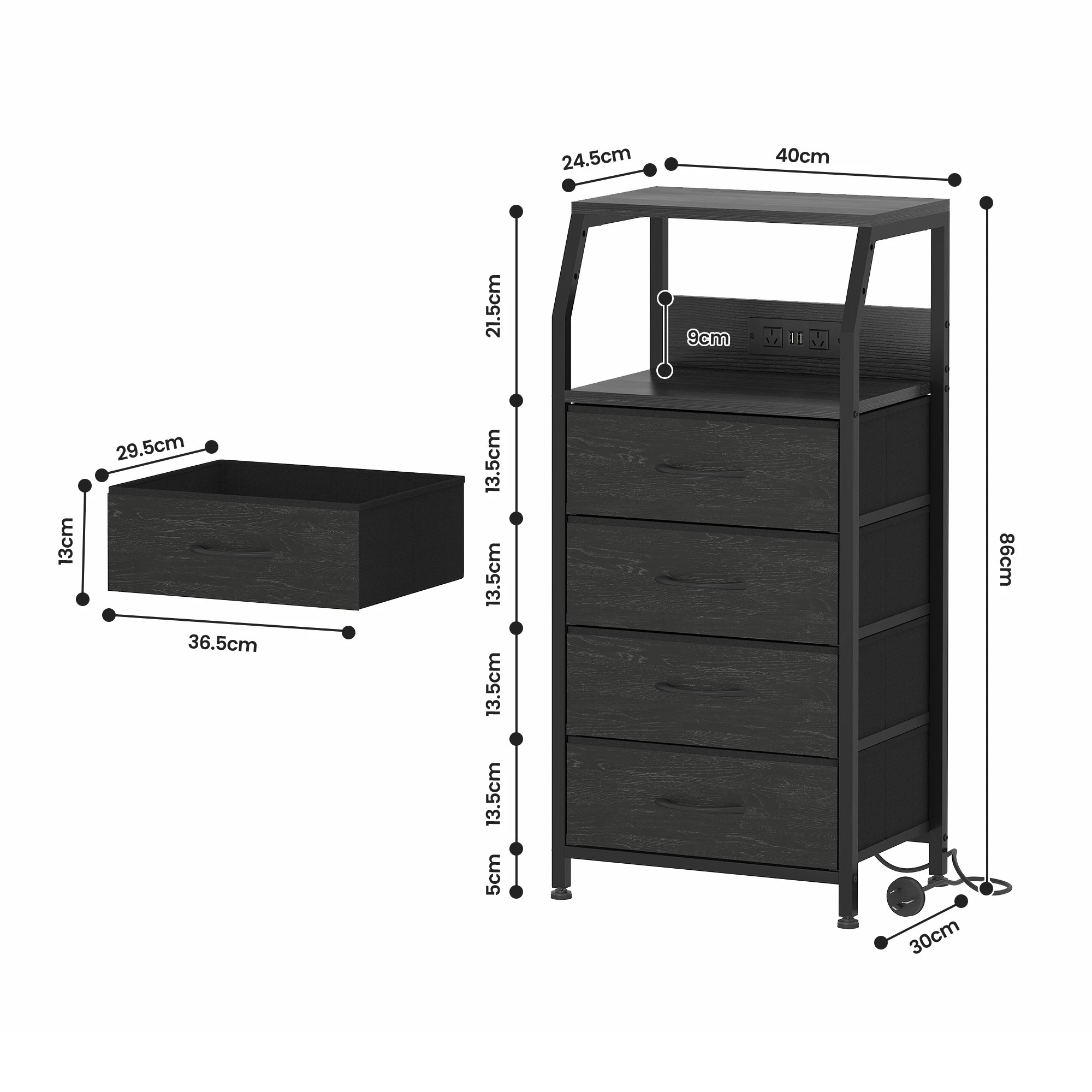 3 Advwin Set of 2 Bedside Table with Charging Station 4 Fabric Drawers Nightstand - Black, 3 of 10