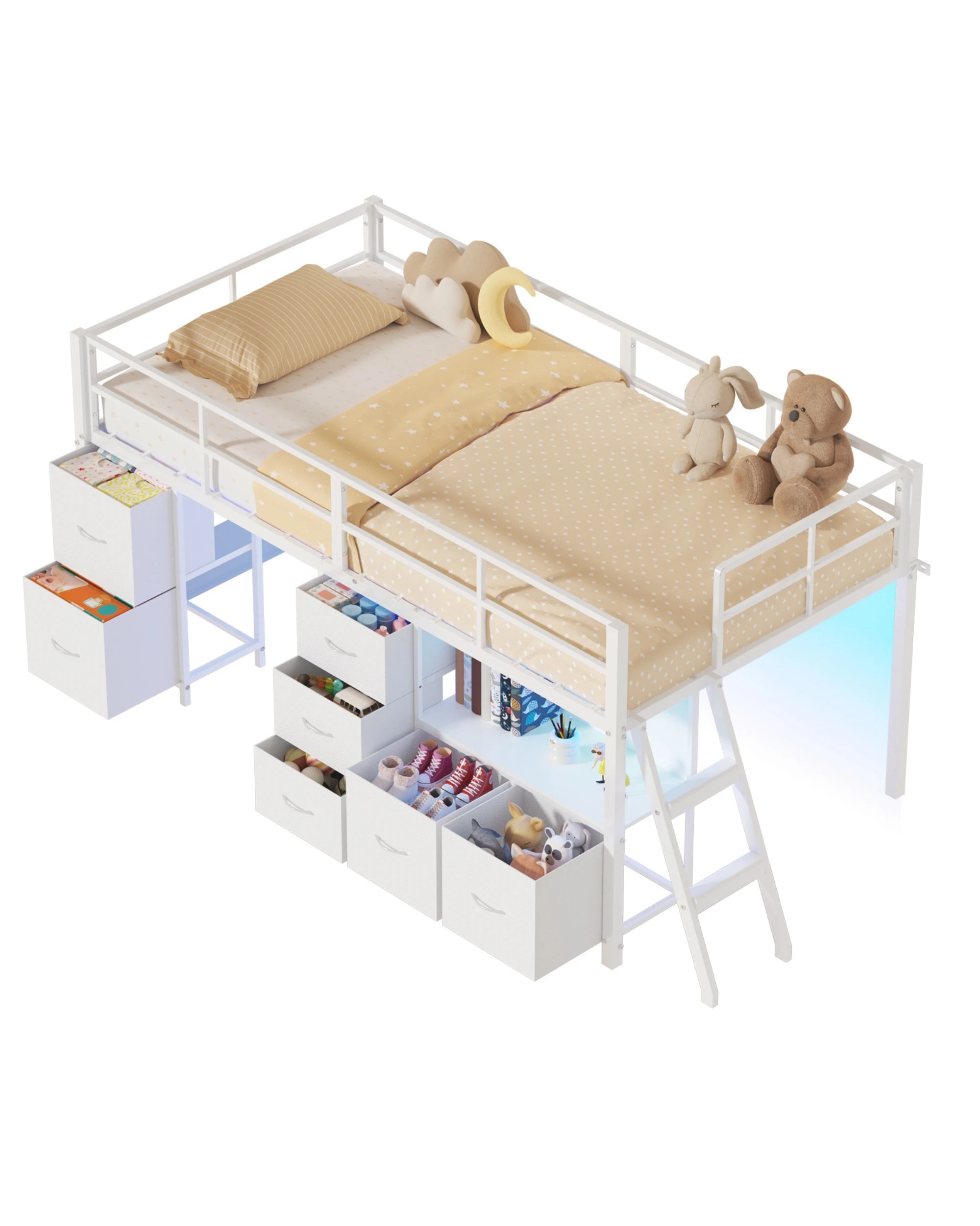 4 Advwin King Single Low Loft Bed with 7 Drawers Bookcase LED Light for Kids - White, 4 of 8
