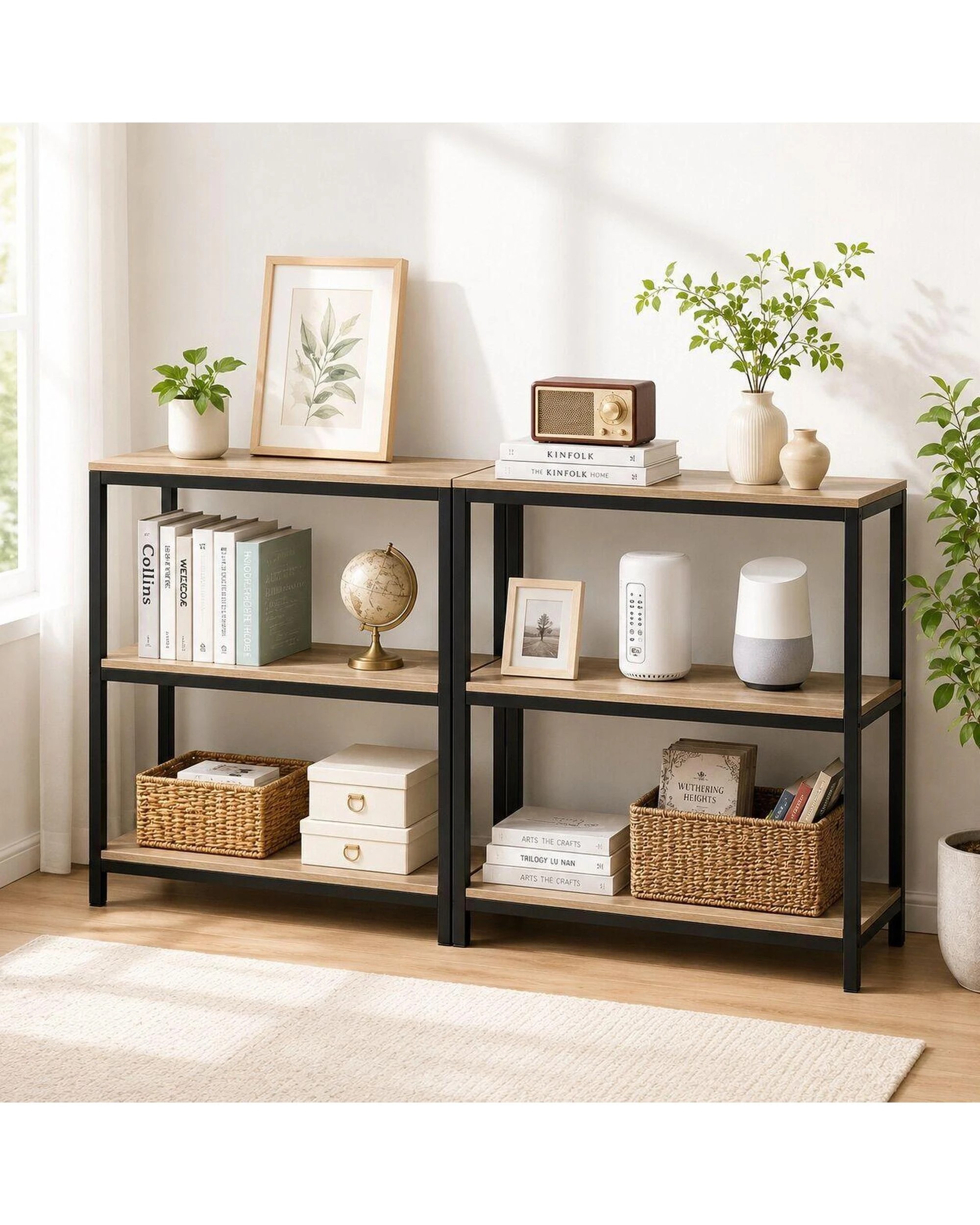 8 Rome Set of 2 Industrial Style 3-Tier Storage Bookshelf Oak, 8 of 10