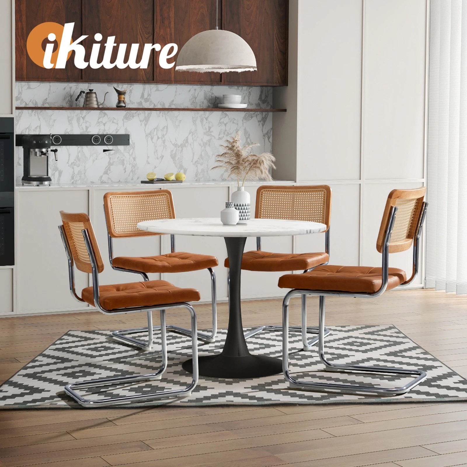 6 Oikiture 90cm Round Dining Table With 4pcs Dining Chairs Pu Leather
 - Multi, 6 of 10