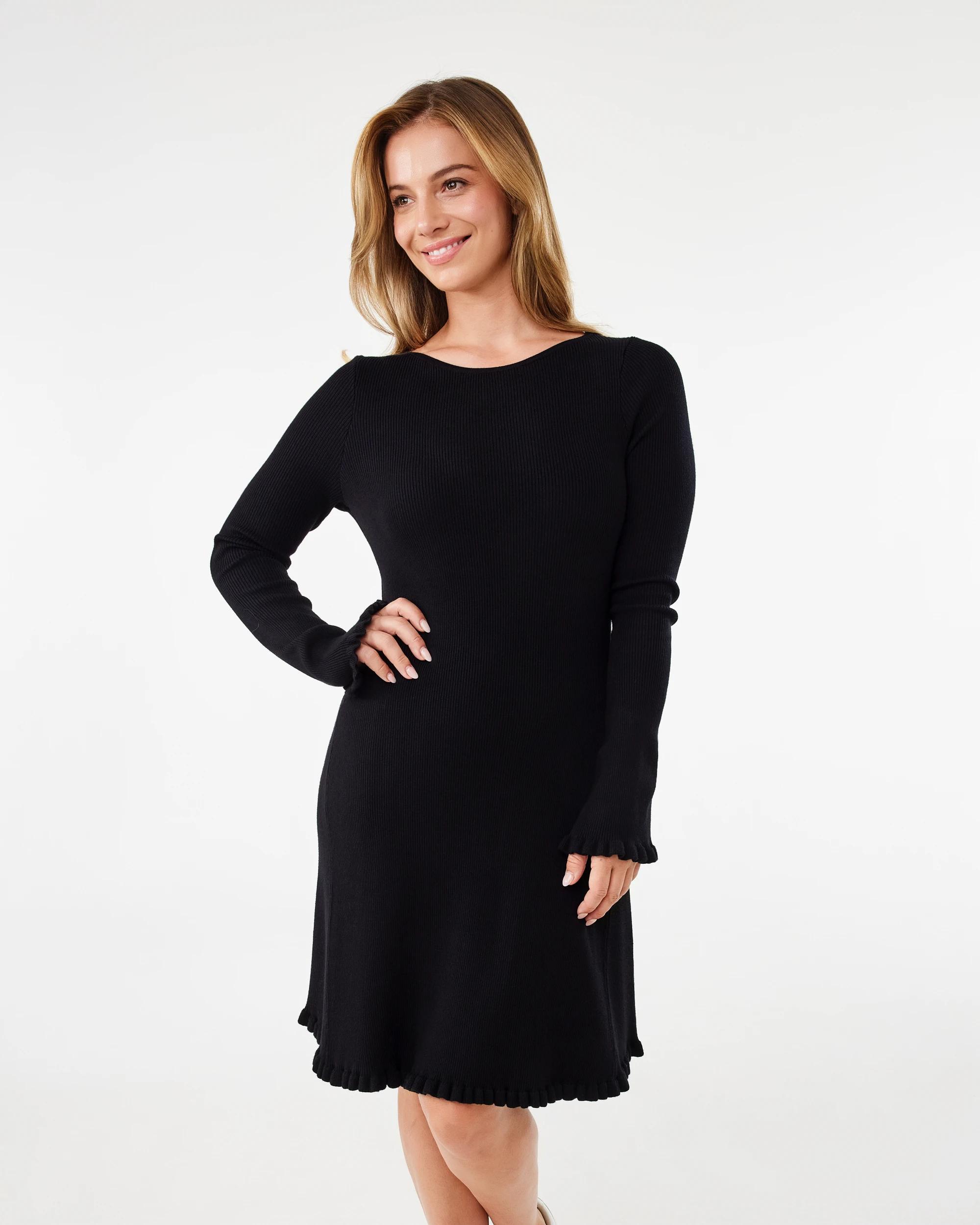 1 Long Sleeve True Knit Frill Detail Mini Dress Black, 1 of 7