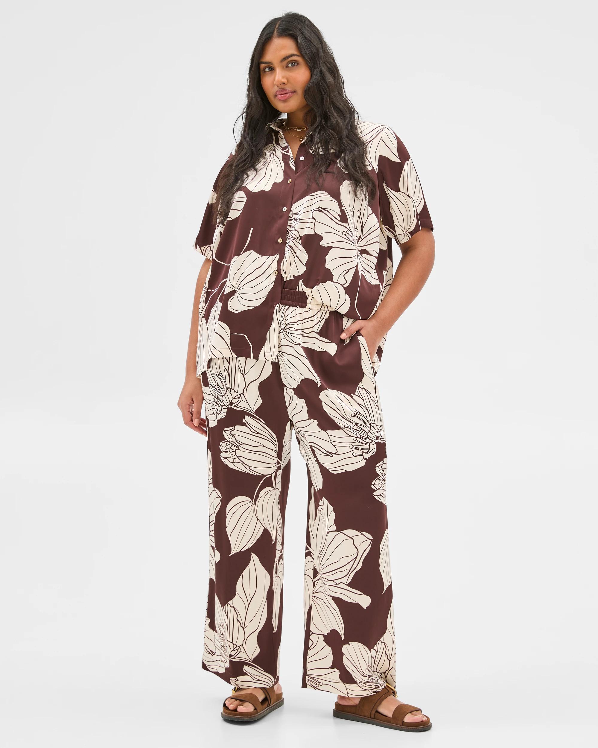 1 Target Curve Plus-size Satin Wide-leg Trousers, Brown And Cream Floral (16+) FLORAL PRINT, 1 of 7