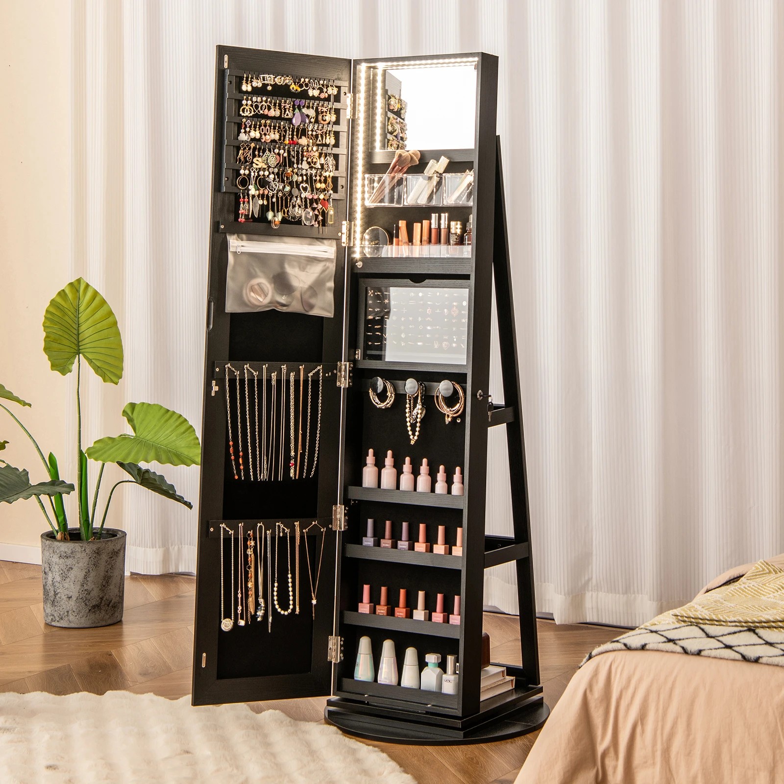 3 Costway 360° Rotating LED Jewellery Cabinet Full Length Mirror Armoire Makeup Cabinet - Black, 3 of 5
