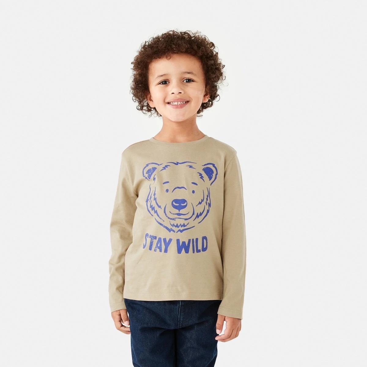 1 Long Sleeve Print T-shirt Beige Bear, 1 of 8