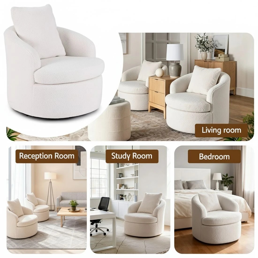 5 Artiss Swivel Chair Round Armchair Extra Pillow - White, 5 of 5