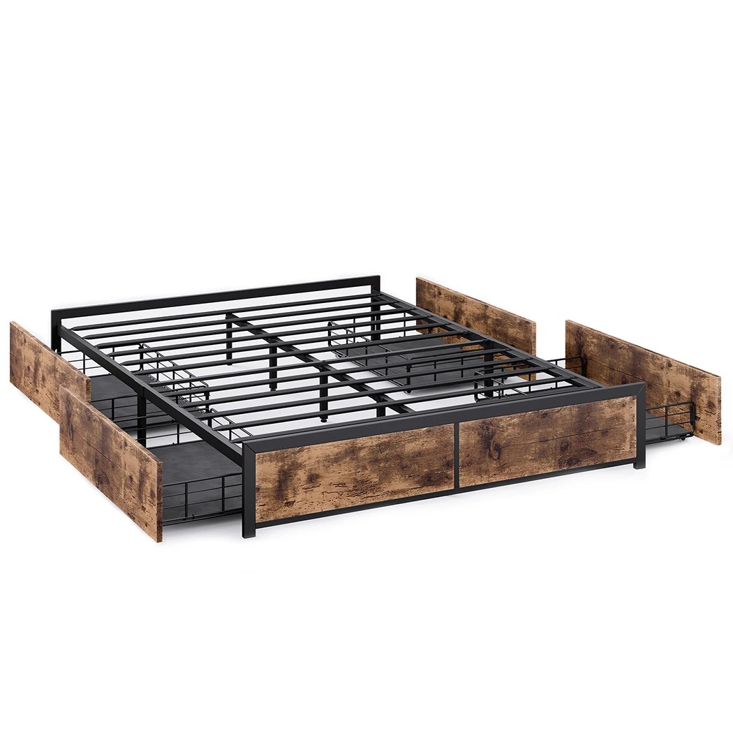 1 Levede Queen Size Metal Bed Frame Industrial With 4 Drawers, 1 of 8
