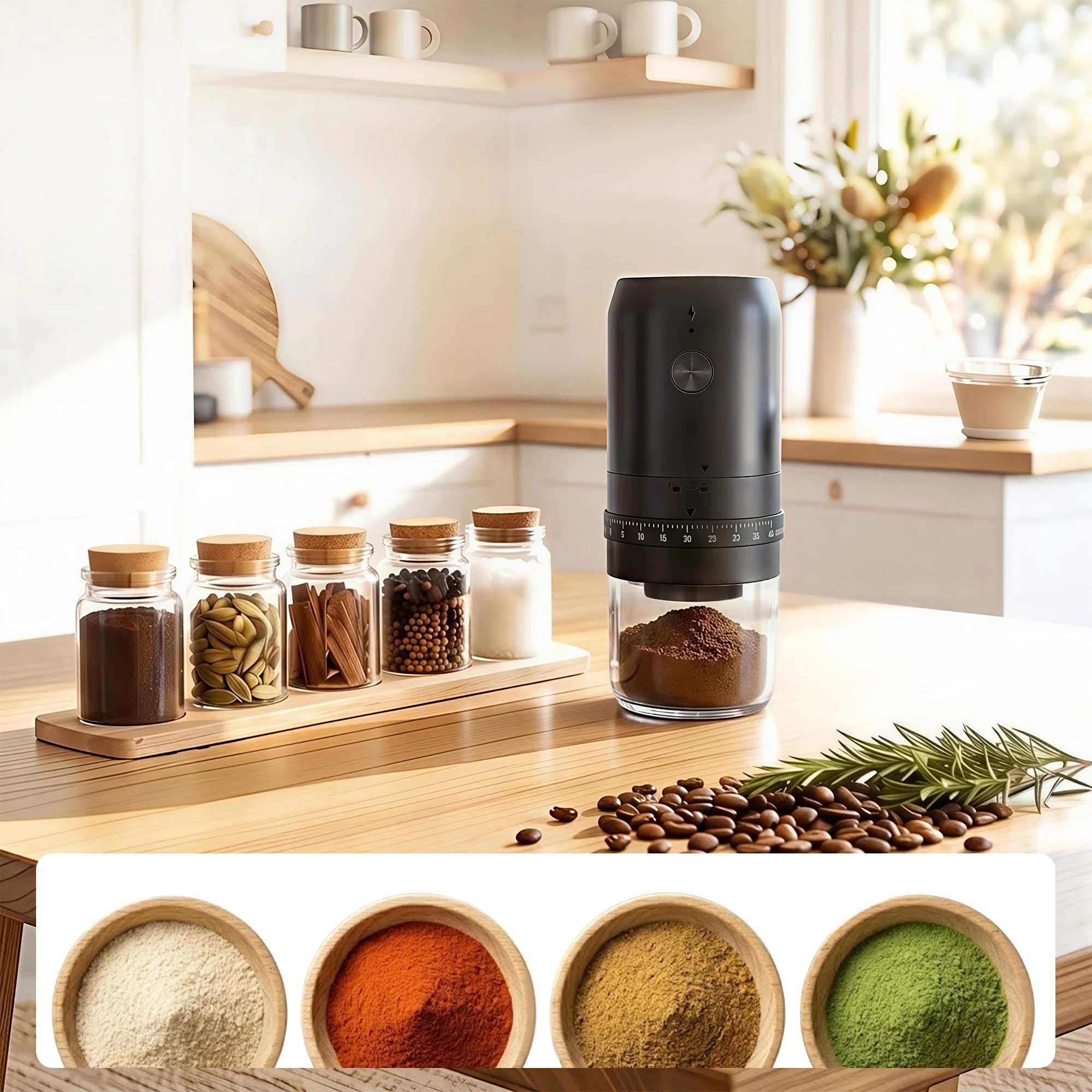 6 Devanti Portable Electric Coffee Grinder USB-C Rechargeable Spice Mill with 40 Settings Home Office - Black, 6 of 9
