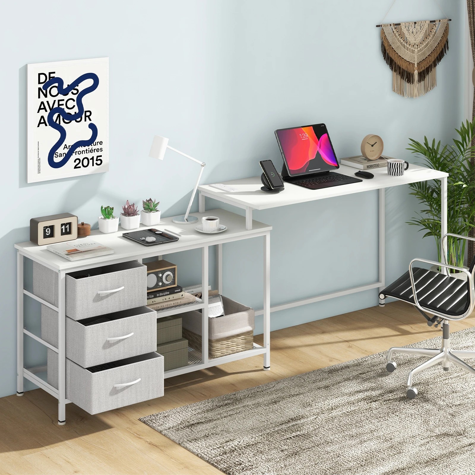 4 Costway L-shaped Computer Desk Home Office Writing Desk w/3 Fabric Drawers & Power Outlet, 4 of 4