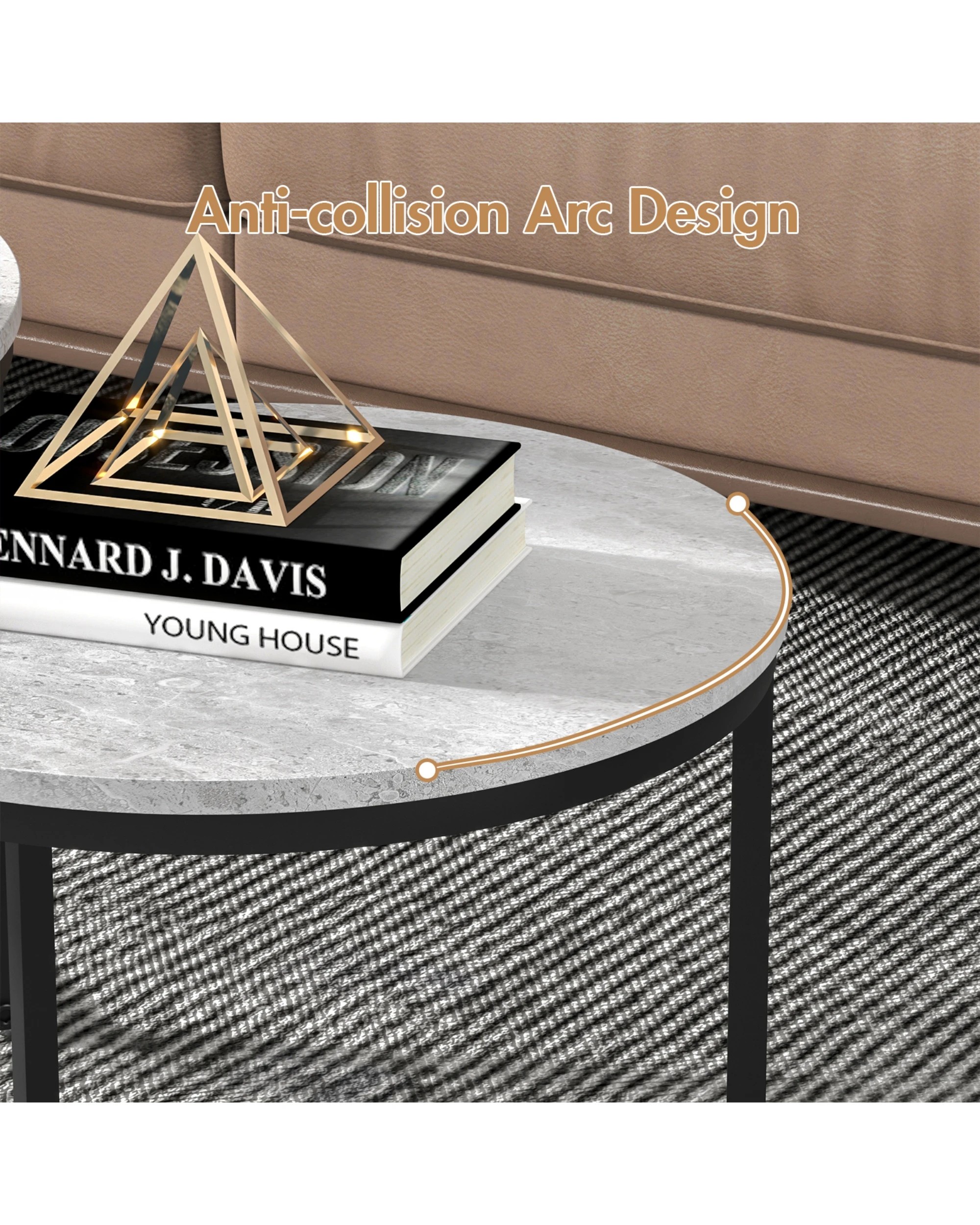 2 Advwin Nesting Coffee Table Marble-look PVC Finish 70 & 50cm Round Grey, 2 of 7