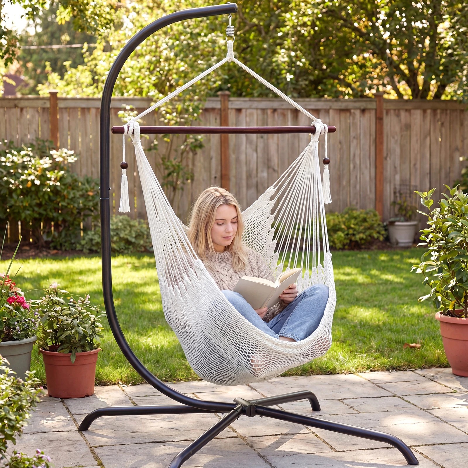 3 Costway Caribbean Hammock Chair Stretchable Hanging Rope Swing Chair - White, 3 of 5