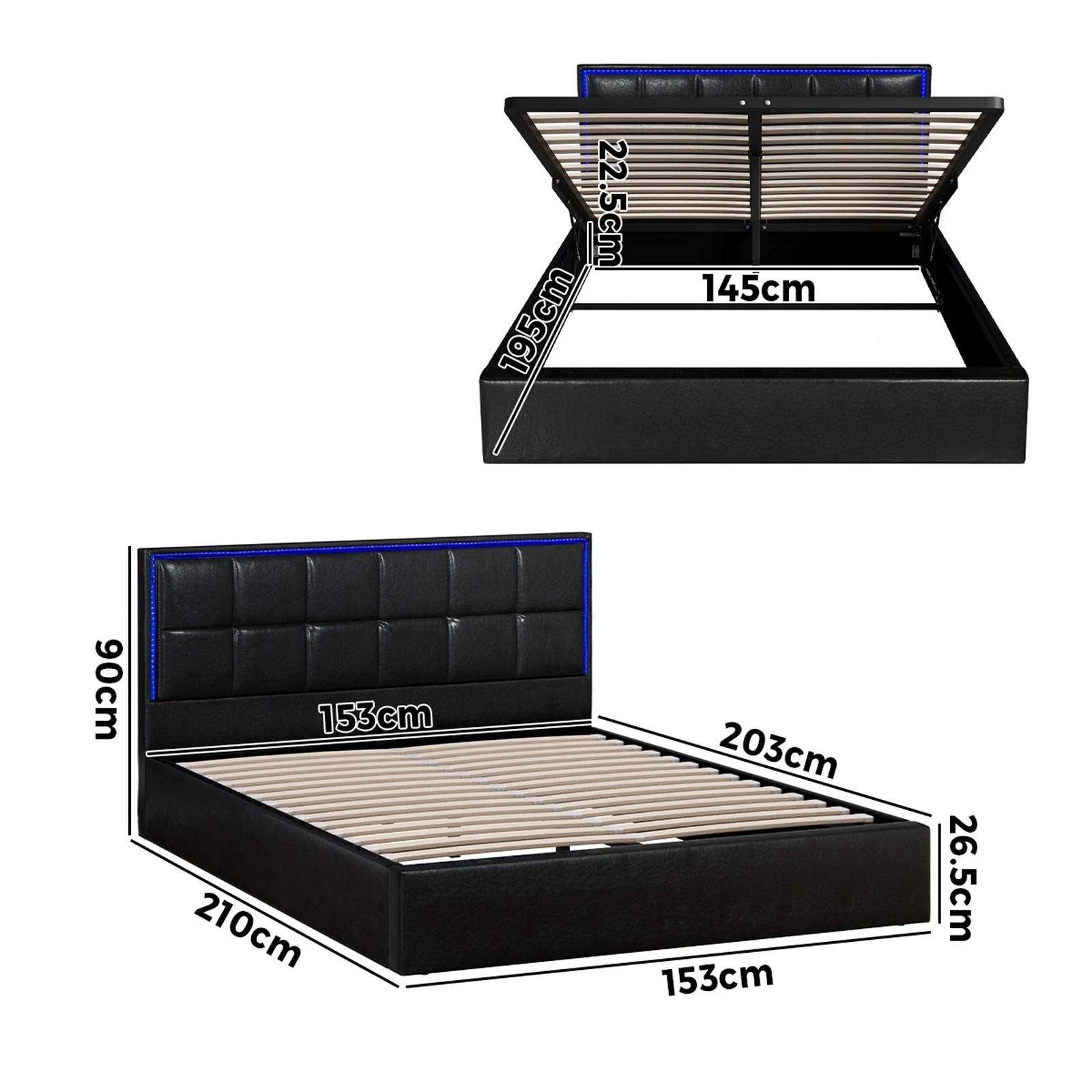 2 Oikiture Bed Frame Queen Size RGB LED Gas Lift Storage Base Leather - Black, 2 of 9