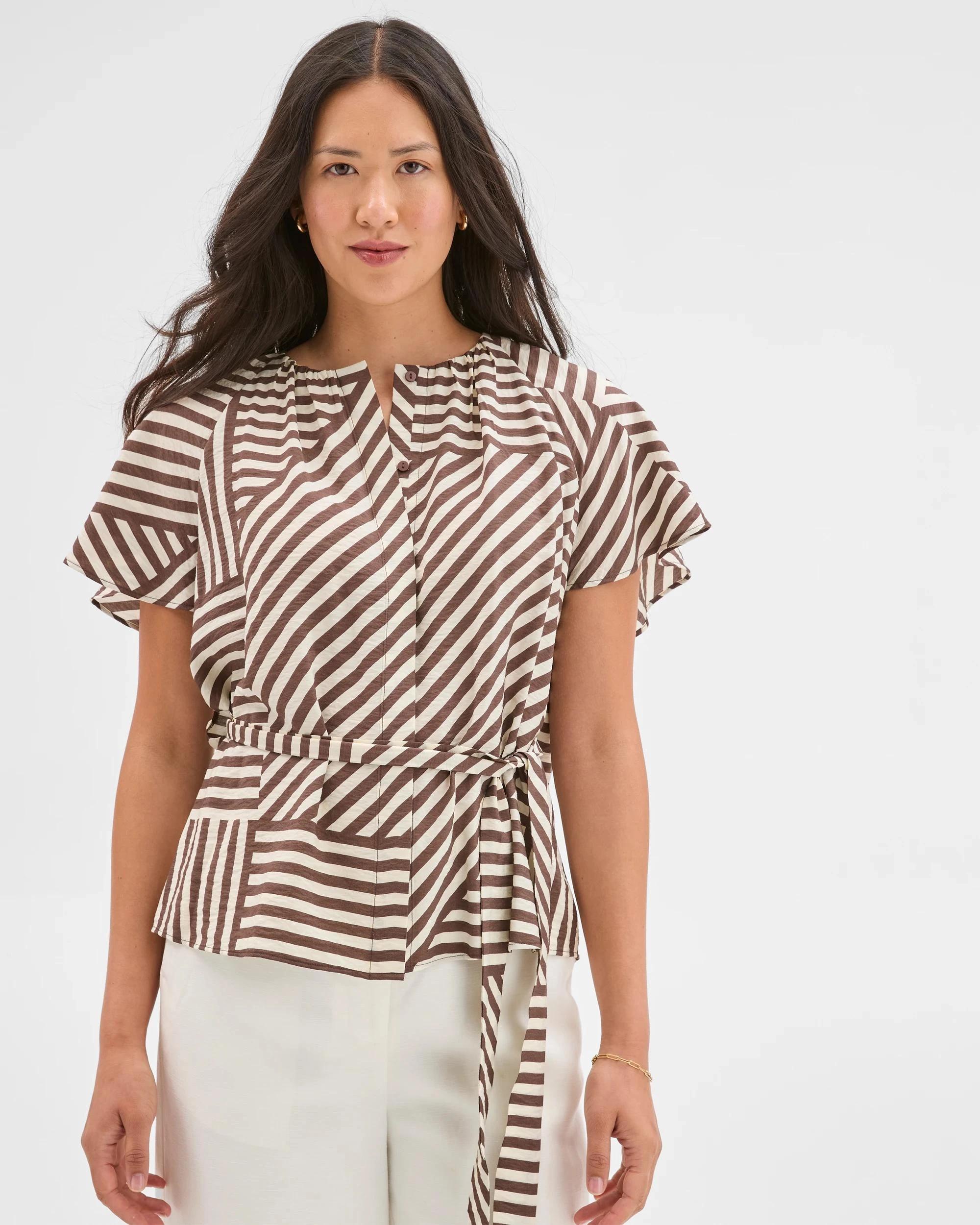 4 Preview Short Sleeve Belted Blouse GANACHE STRIPE, 4 of 7