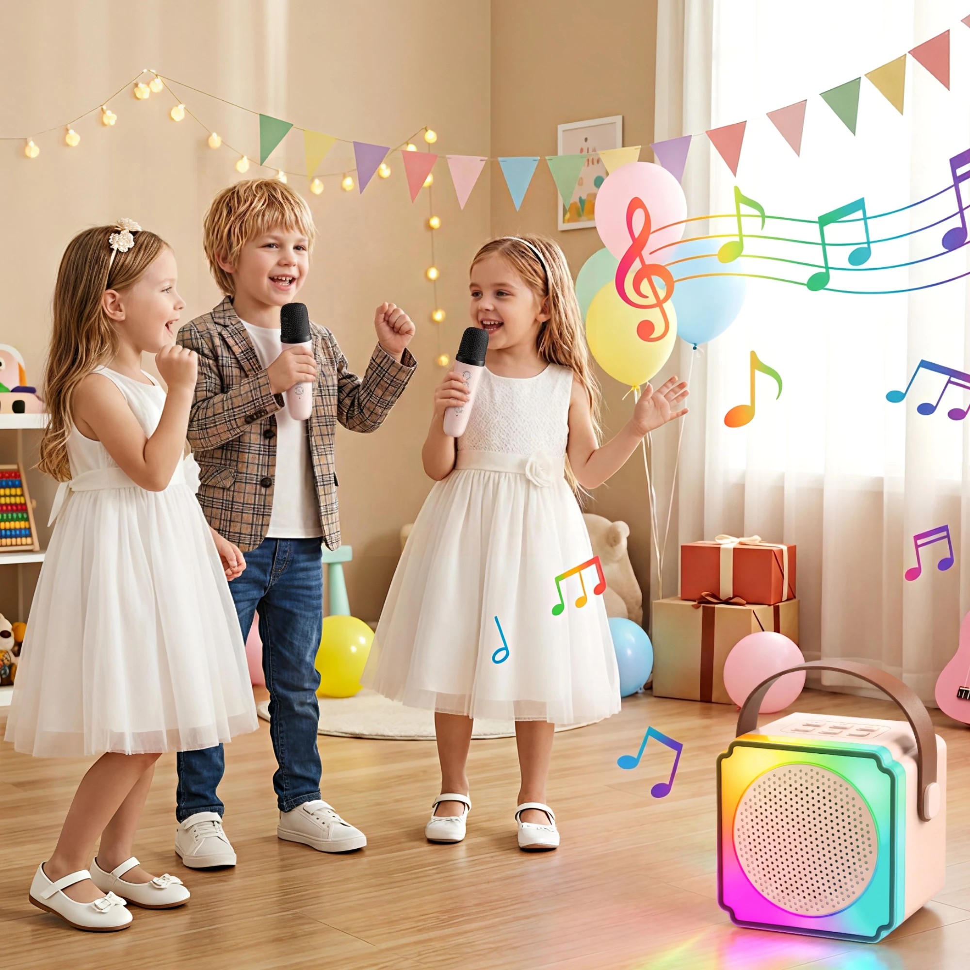 8 Alpha Mini Portable Karaoke Machine for Adults Kids Bluetooth Speaker with 2 Wireless Microphones - Beige, 8 of 9