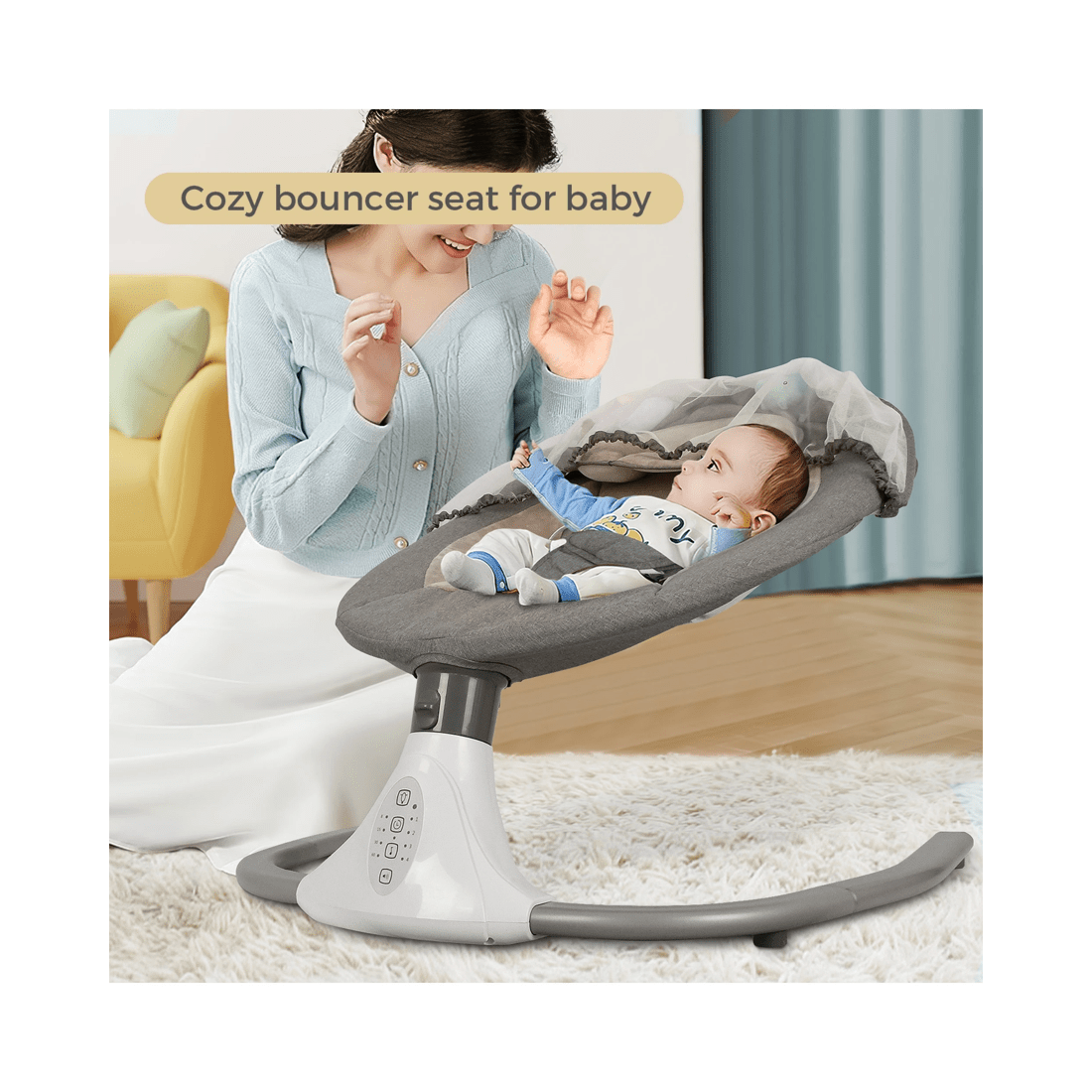5 Advwin Electric Baby Swing Baby Bouncer Rocker W/ Mosquito Net Toddler Seat Soft Peachskin Grey, 5 of 9