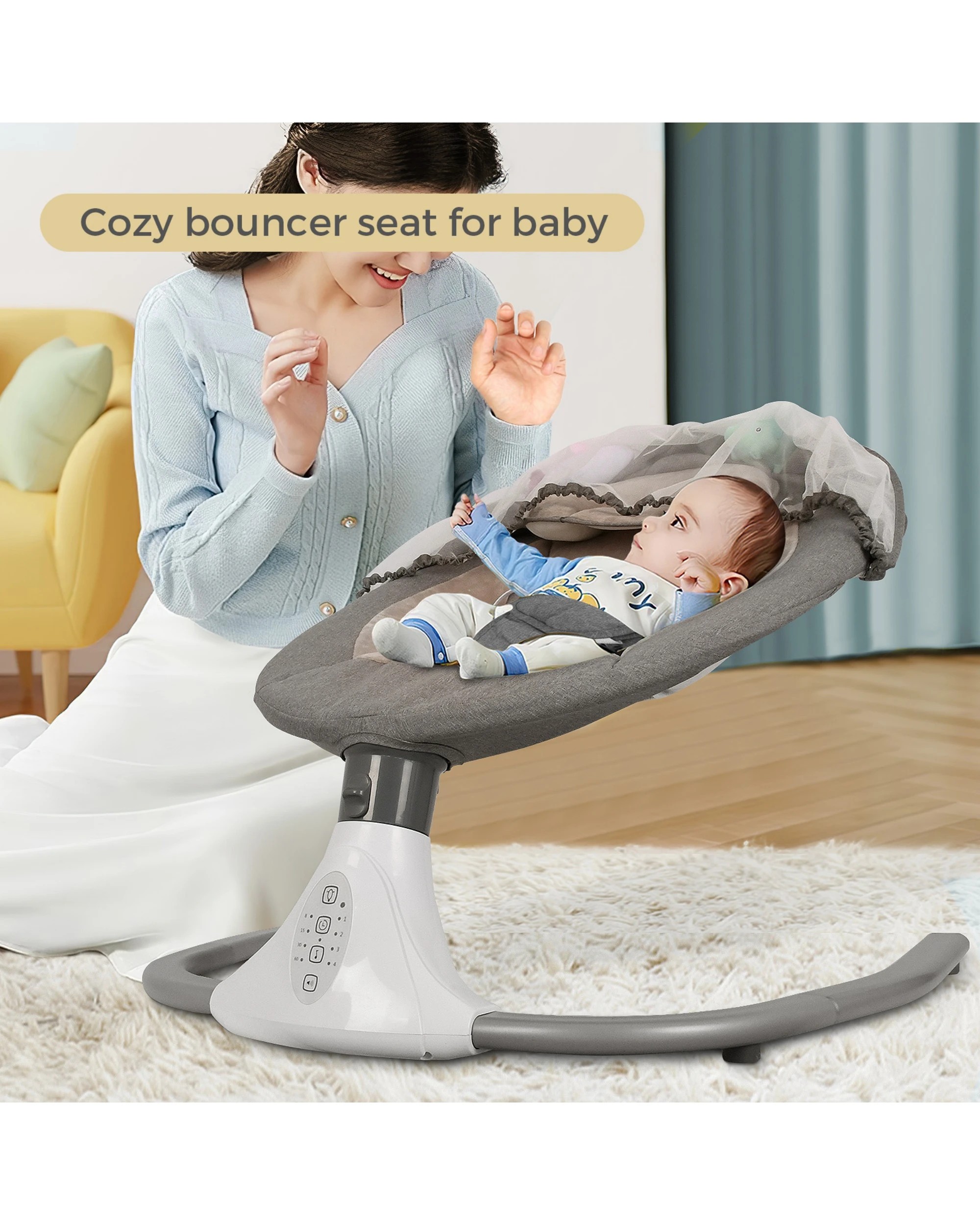 5 Advwin Electric Baby Swing Baby Bouncer Rocker w/ Mosquito Net Toddler Seat Soft Peachskin Grey, 5 of 9
