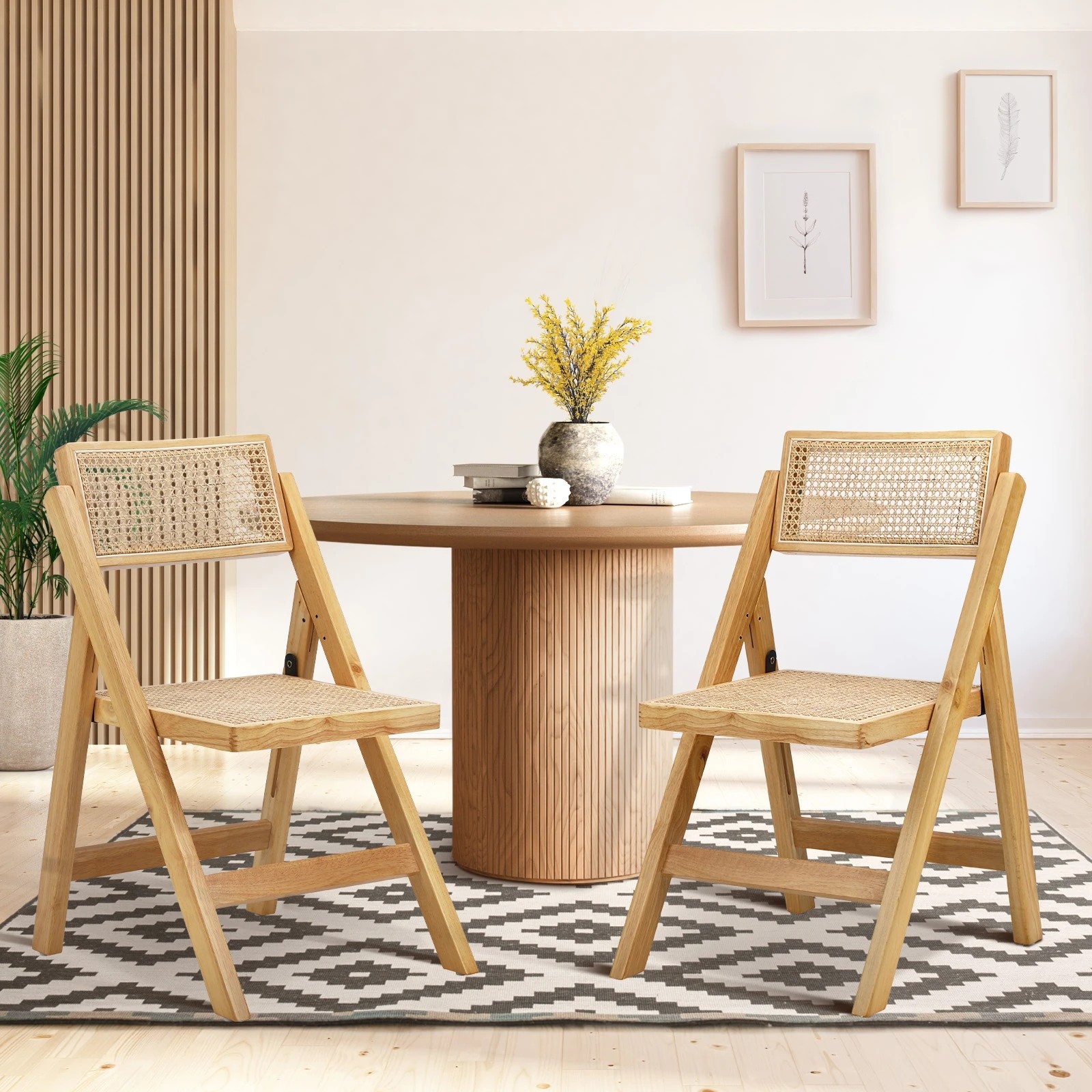 2 Oikiture 2x Dining Chairs Folding Rattan Chair Wooden Accent Chair - Natural, 2 of 9