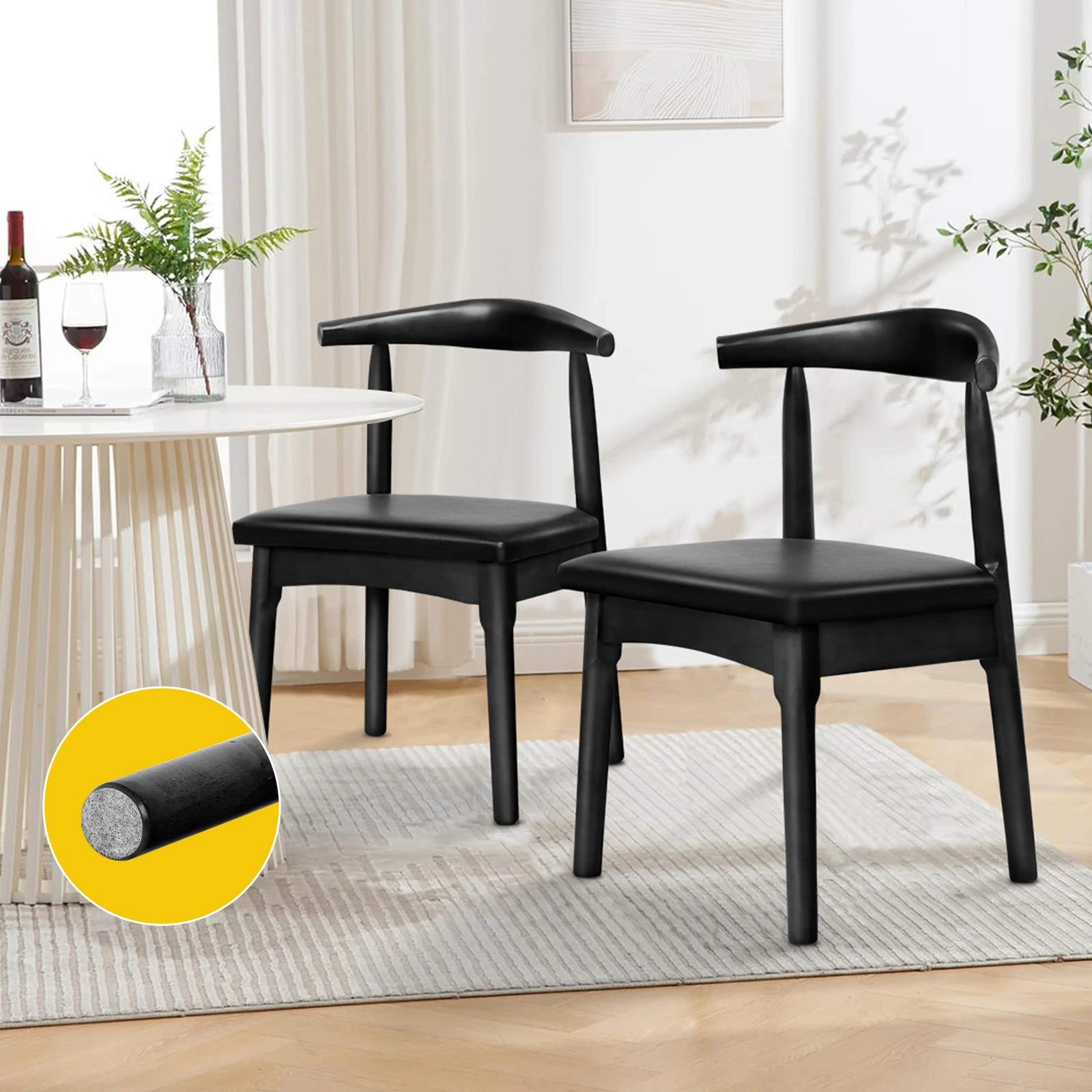 3 Alfordson 2x Dining Chair Kitchen Lounge Cafe Retro Wood PU Leather Seat - Black, 3 of 7